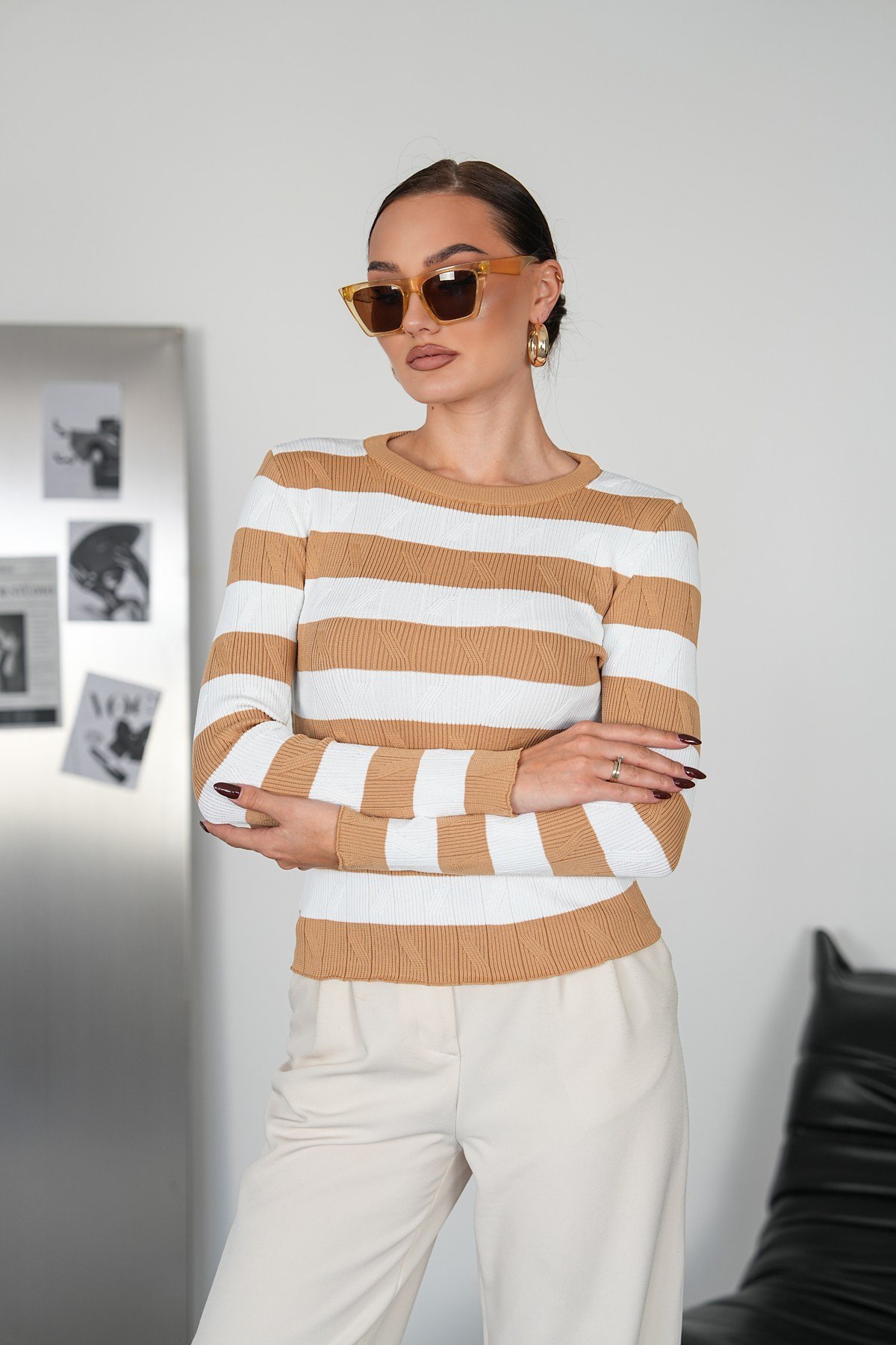 Desenli Body Triko -Camel
