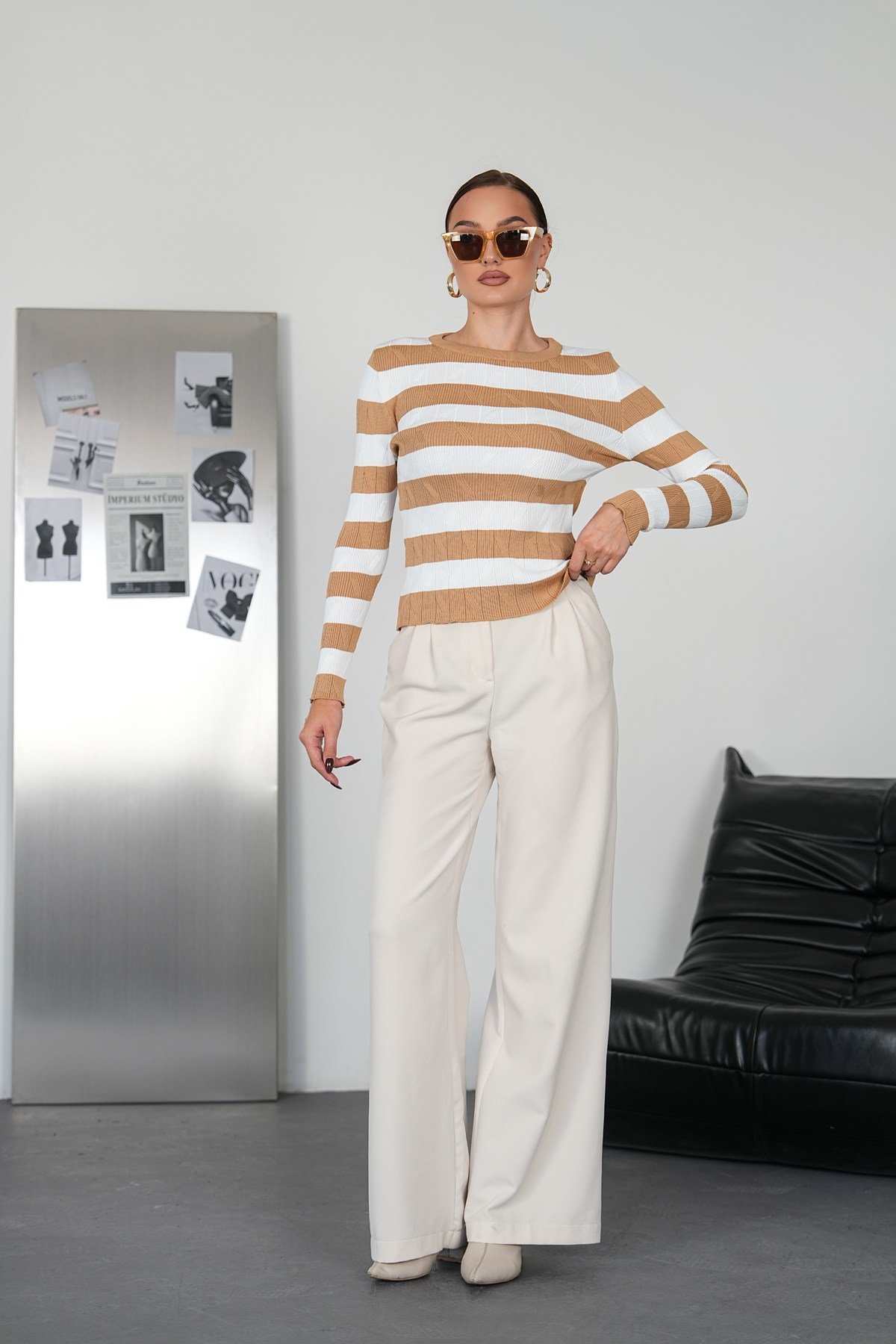 Desenli Body Triko -Camel