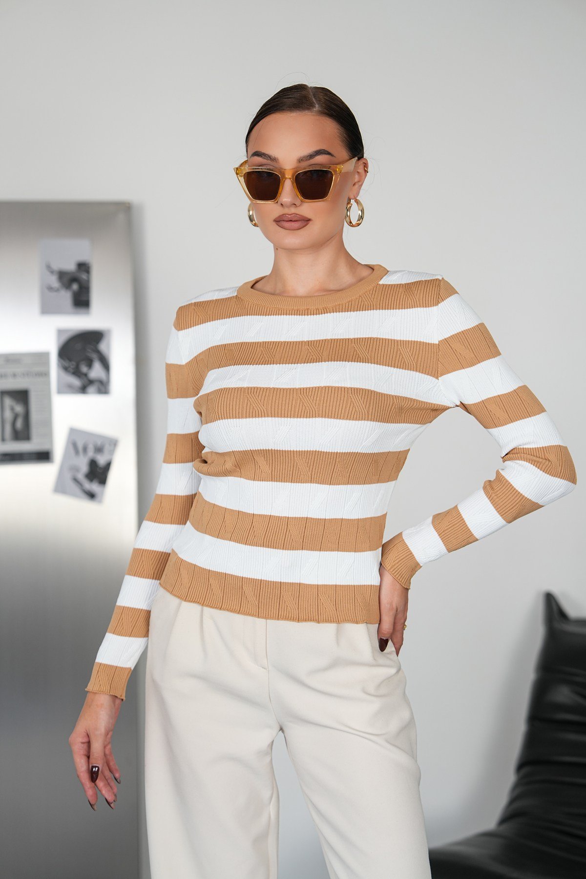 Desenli Body Triko -Camel