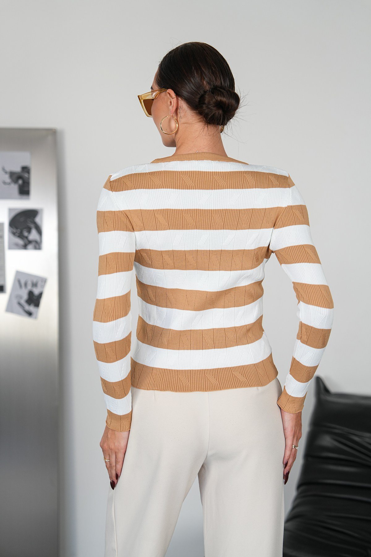 Desenli Body Triko -Camel