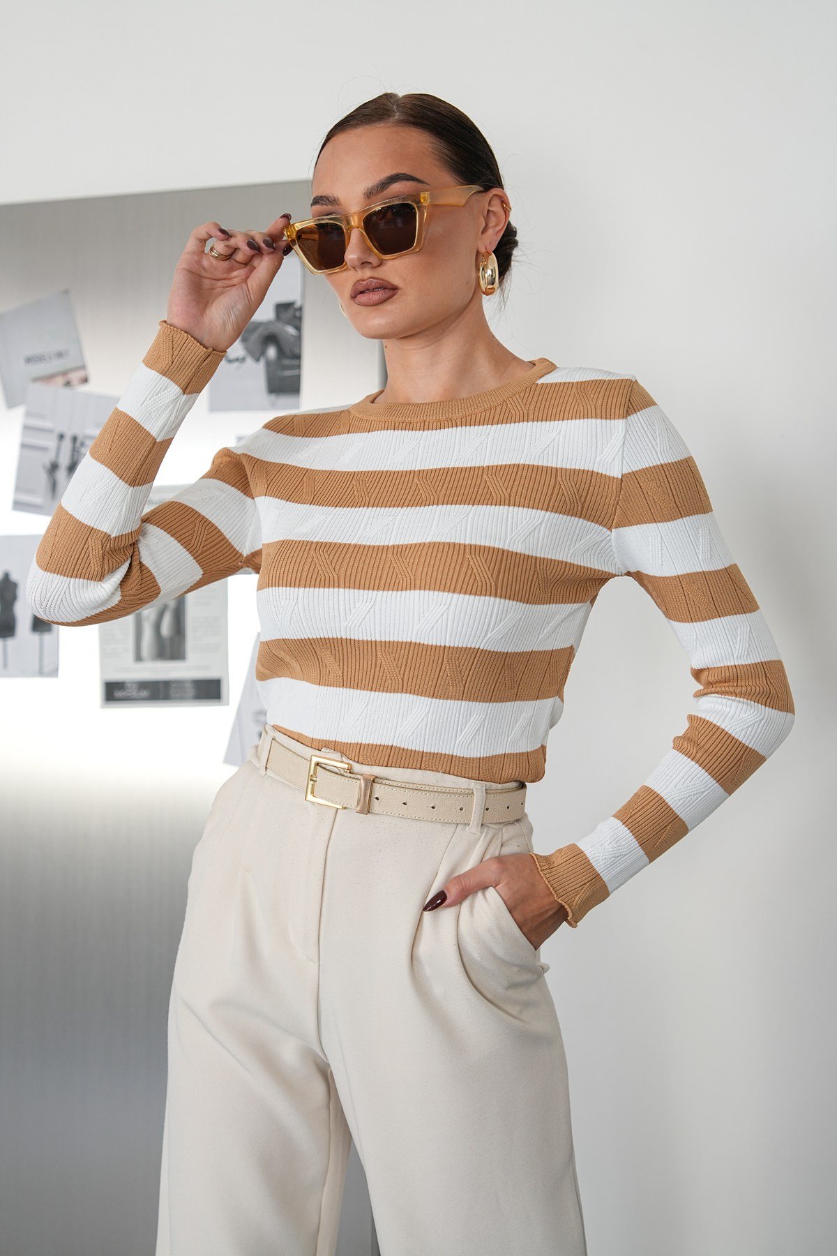 Desenli Body Triko -Camel