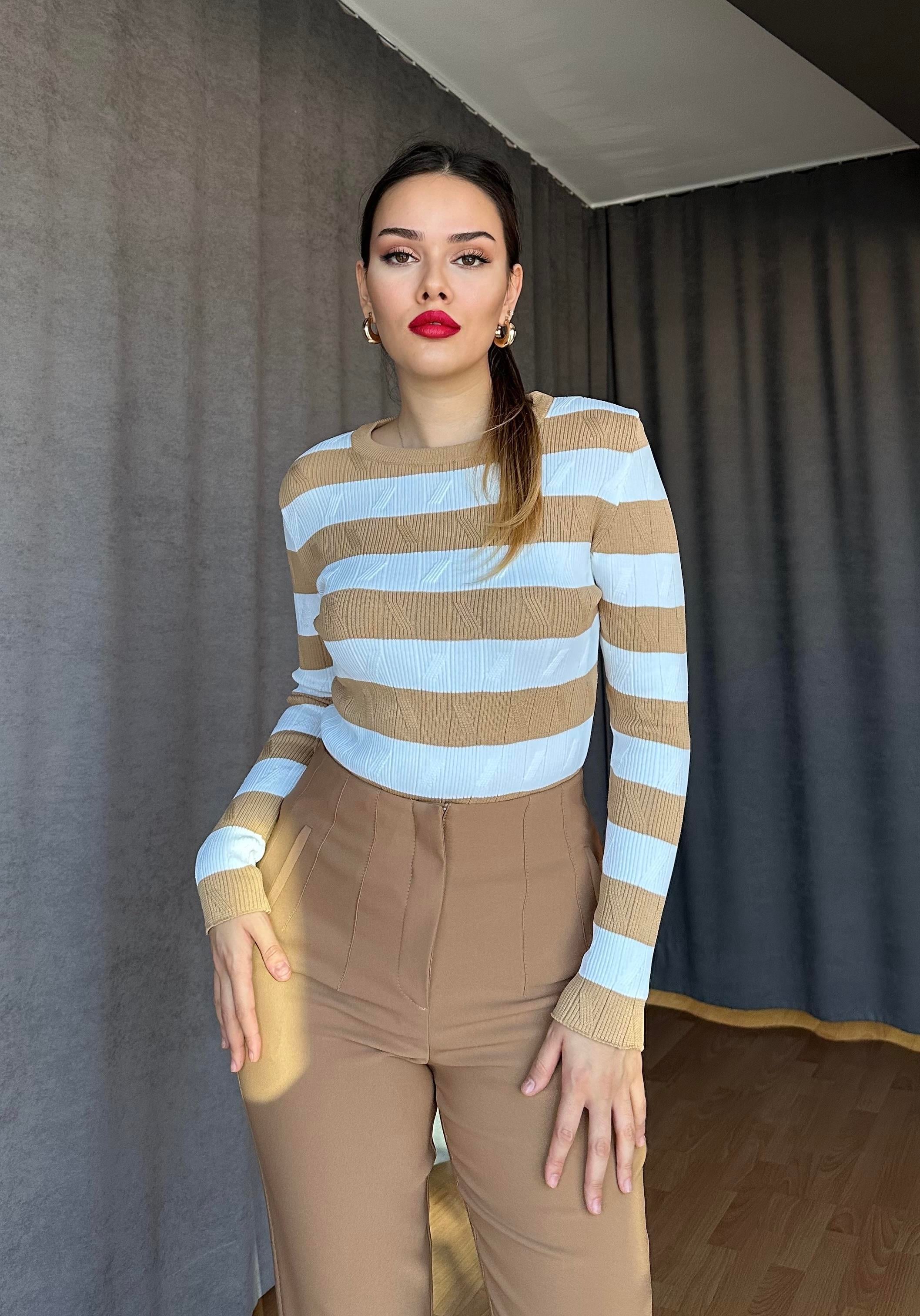 Desenli Body Triko -Camel