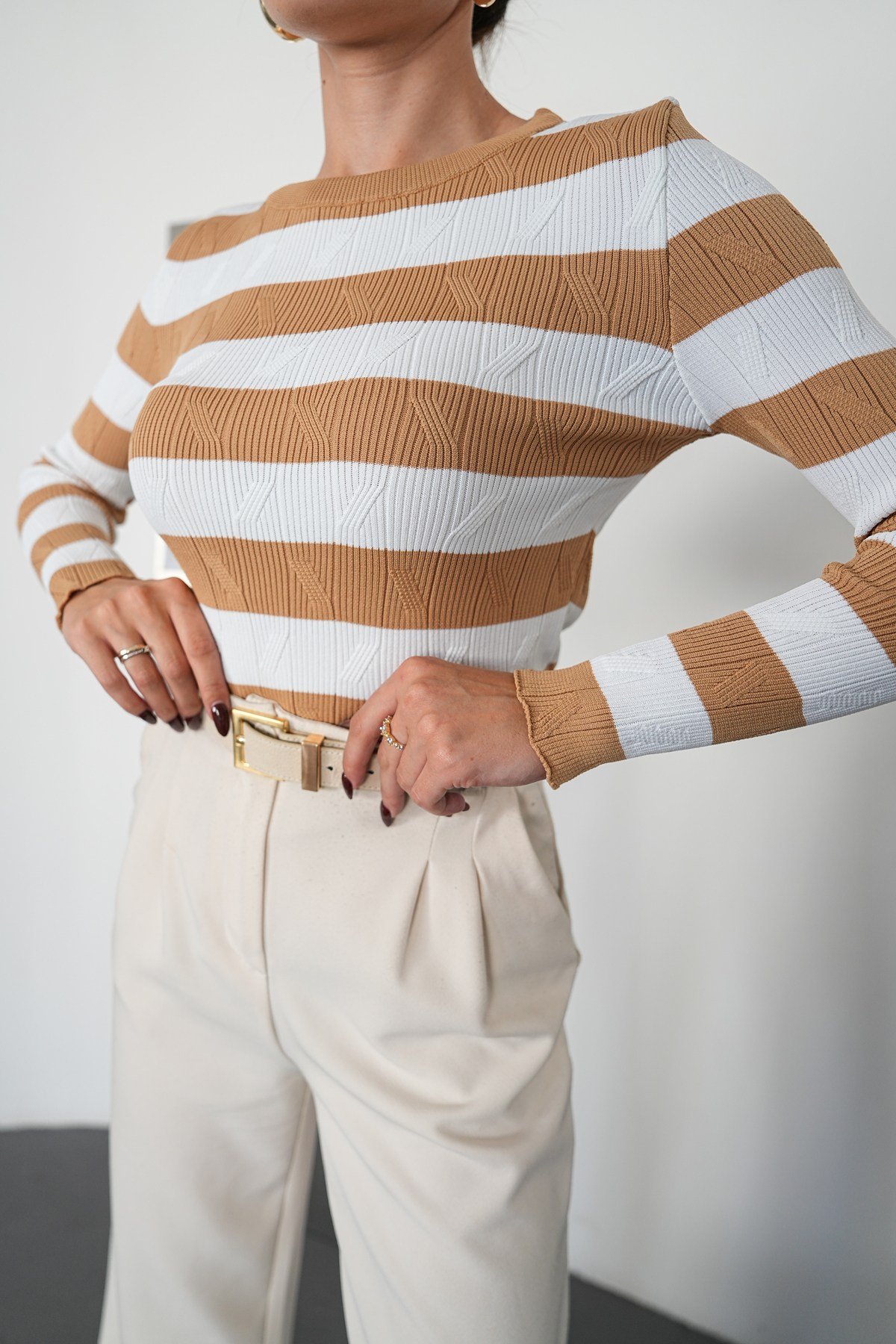 Desenli Body Triko -Camel