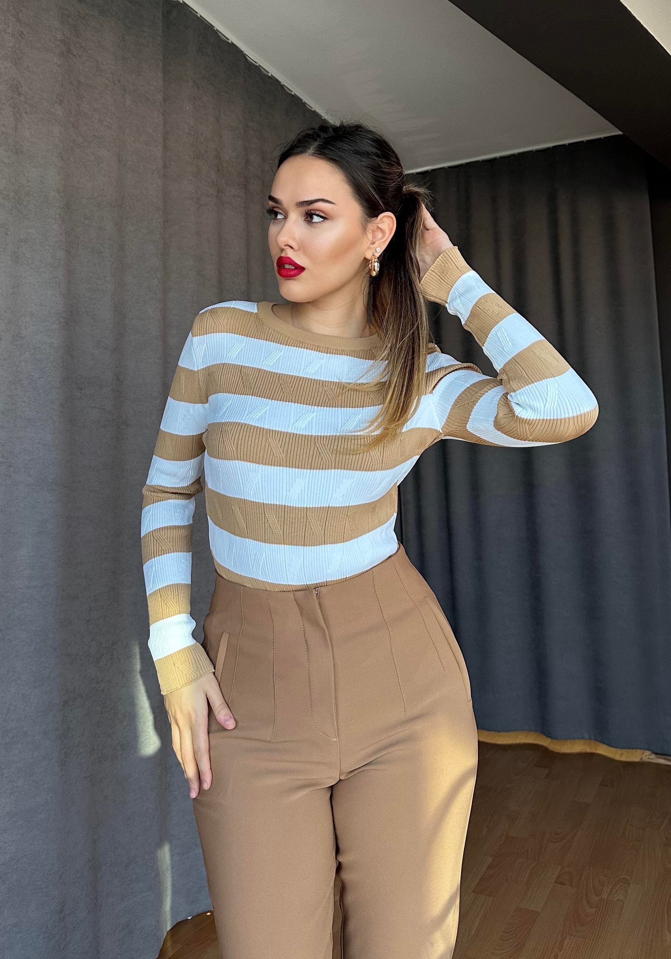 Desenli Body Triko -Camel
