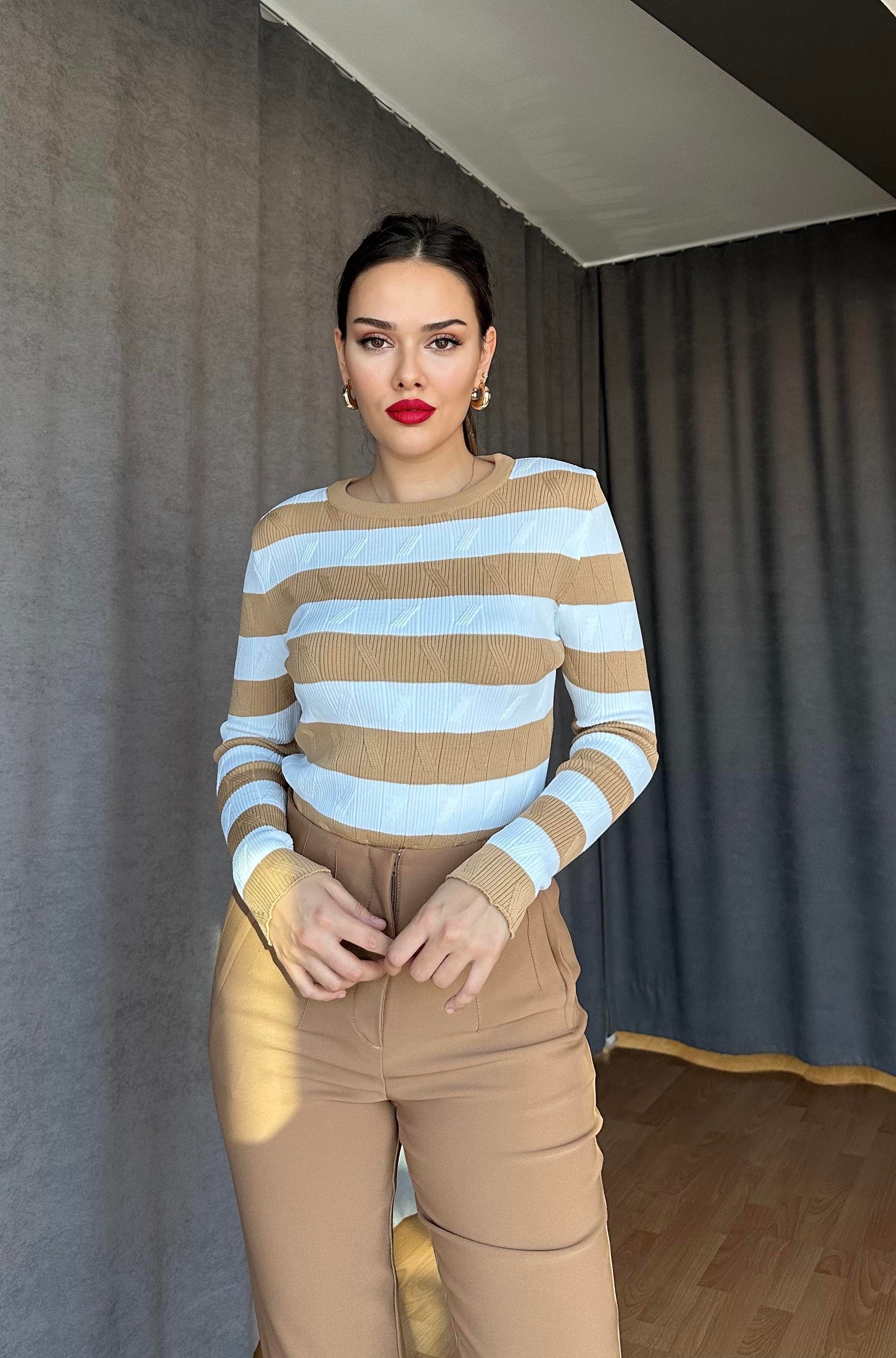 Desenli Body Triko -Camel