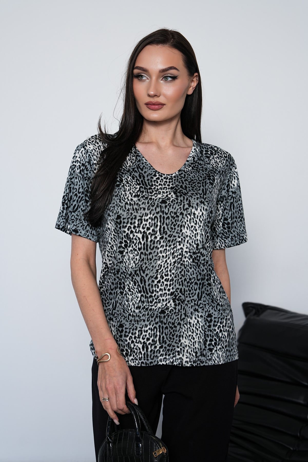 Desenli Viskon Penye T-Şhirt-Leopar Desenli