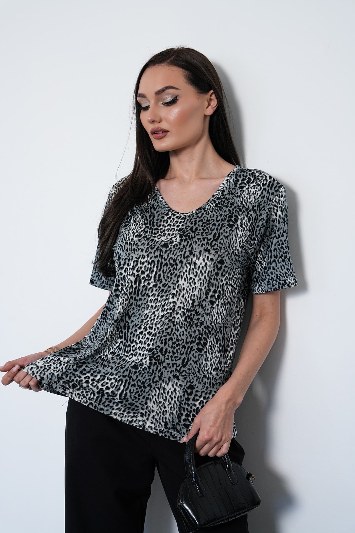 Desenli Viskon Penye T-Şhirt-Leopar Desenli