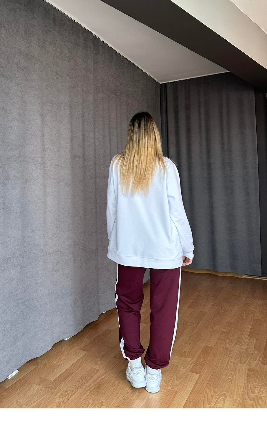 Eşofman Takım İki İplik Beyaz Sweat Ceket - Bordo