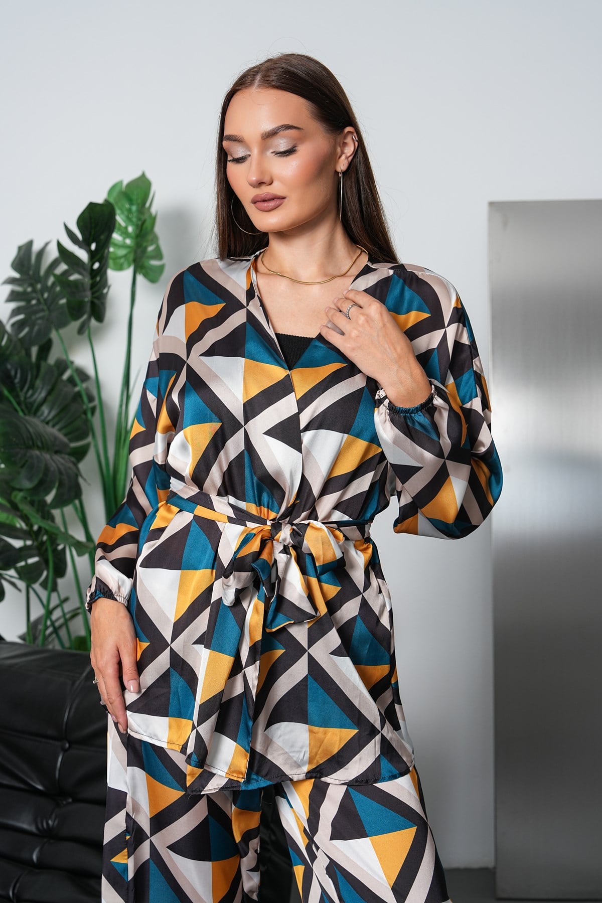 Geometrik Desen Saten Kimono Takım