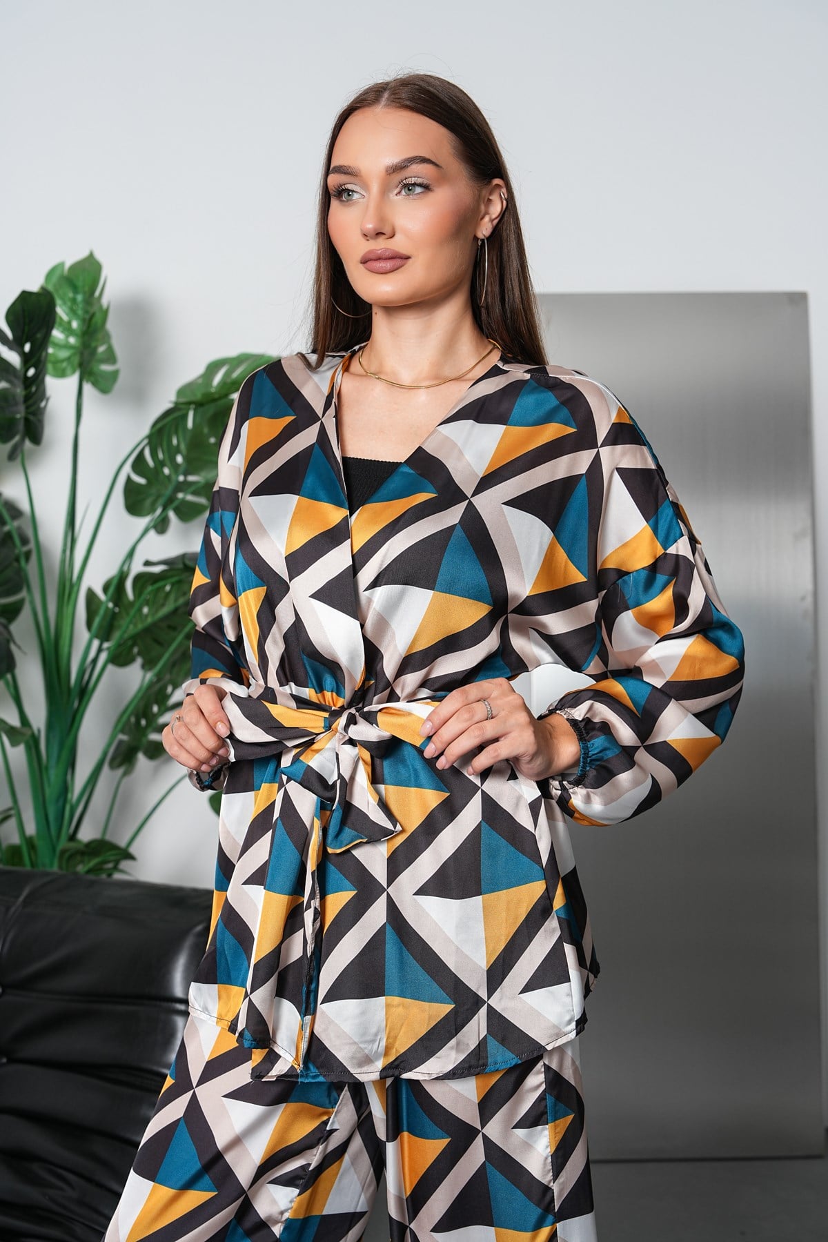 Geometrik Desen Saten Kimono Takım