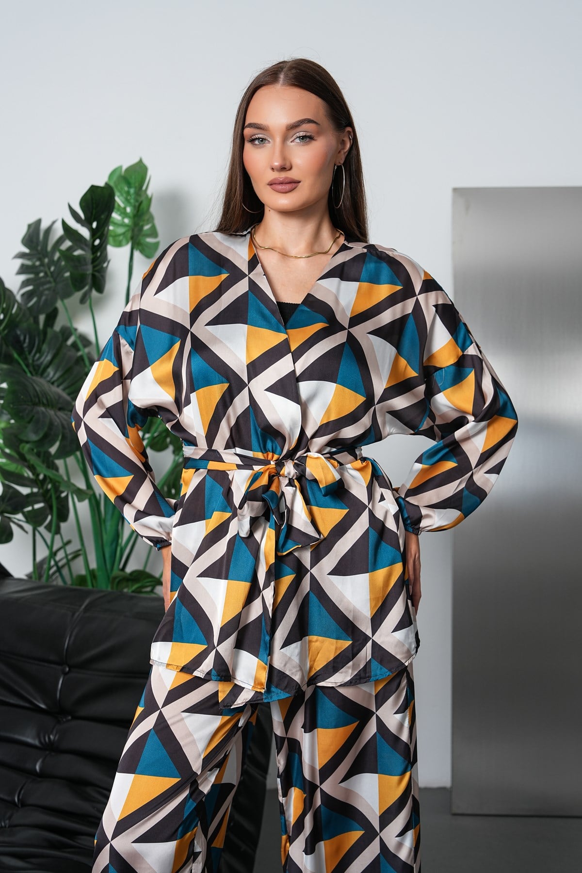 Geometrik Desen Saten Kimono Takım