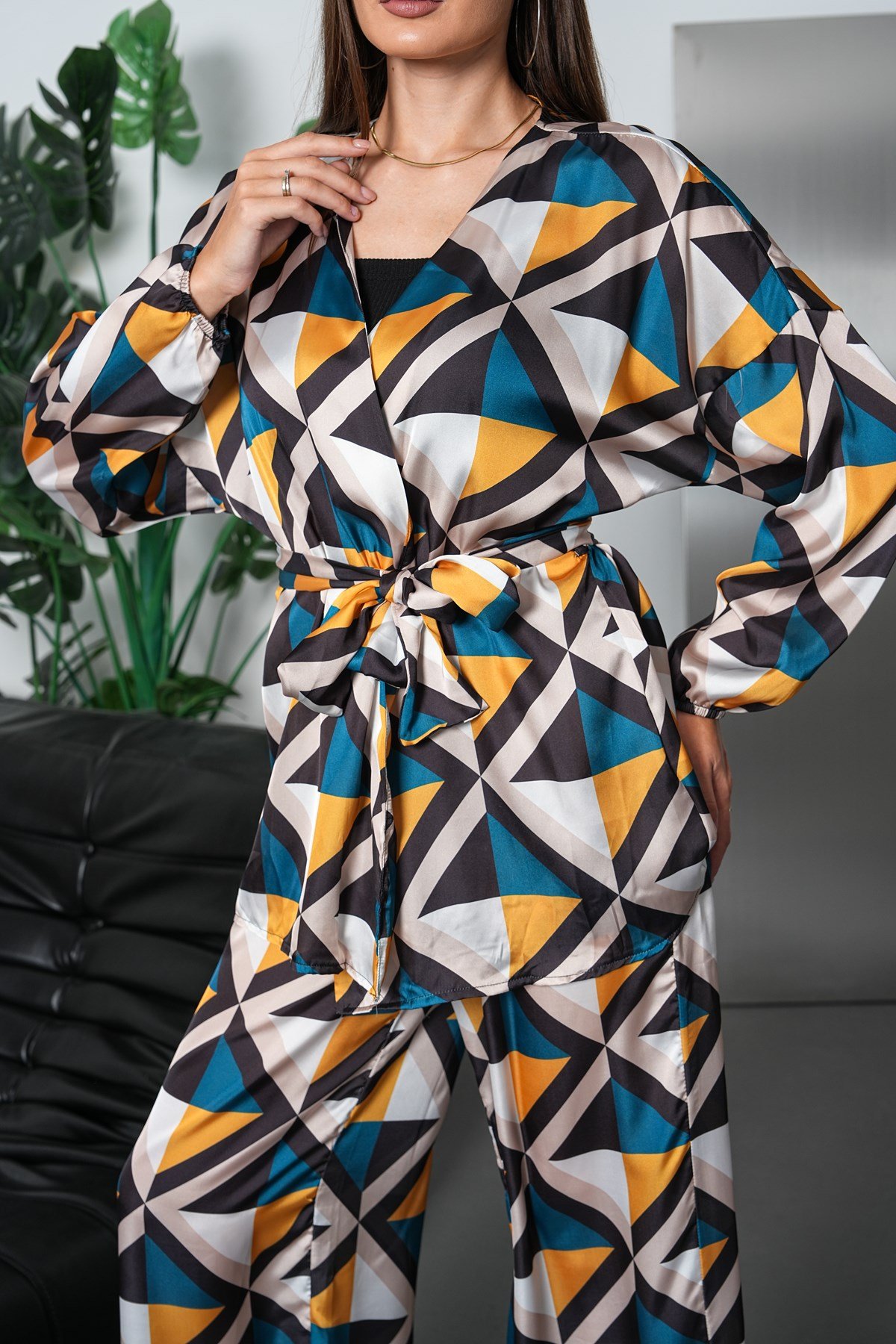 Geometrik Desen Saten Kimono Takım