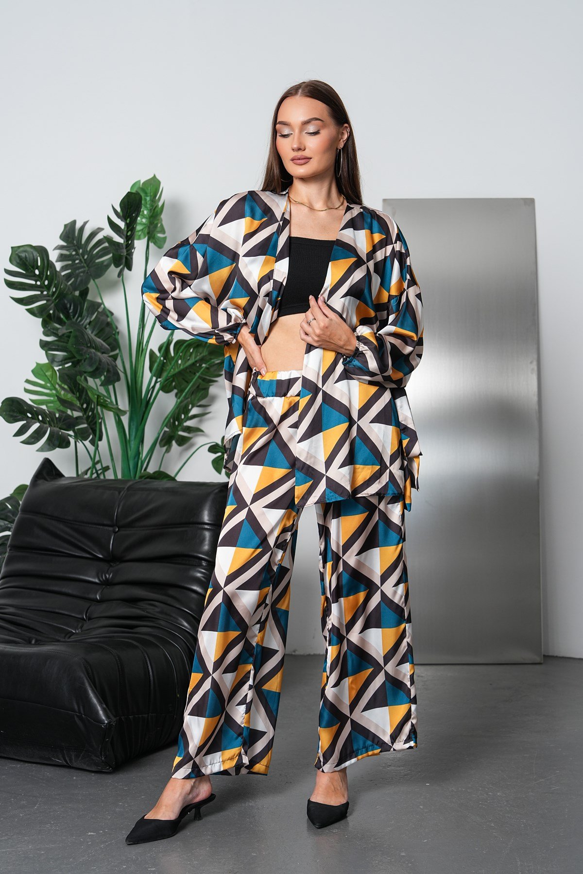 Geometrik Desen Saten Kimono Takım