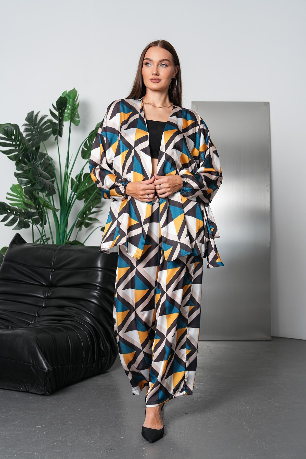 Geometrik Desen Saten Kimono Takım