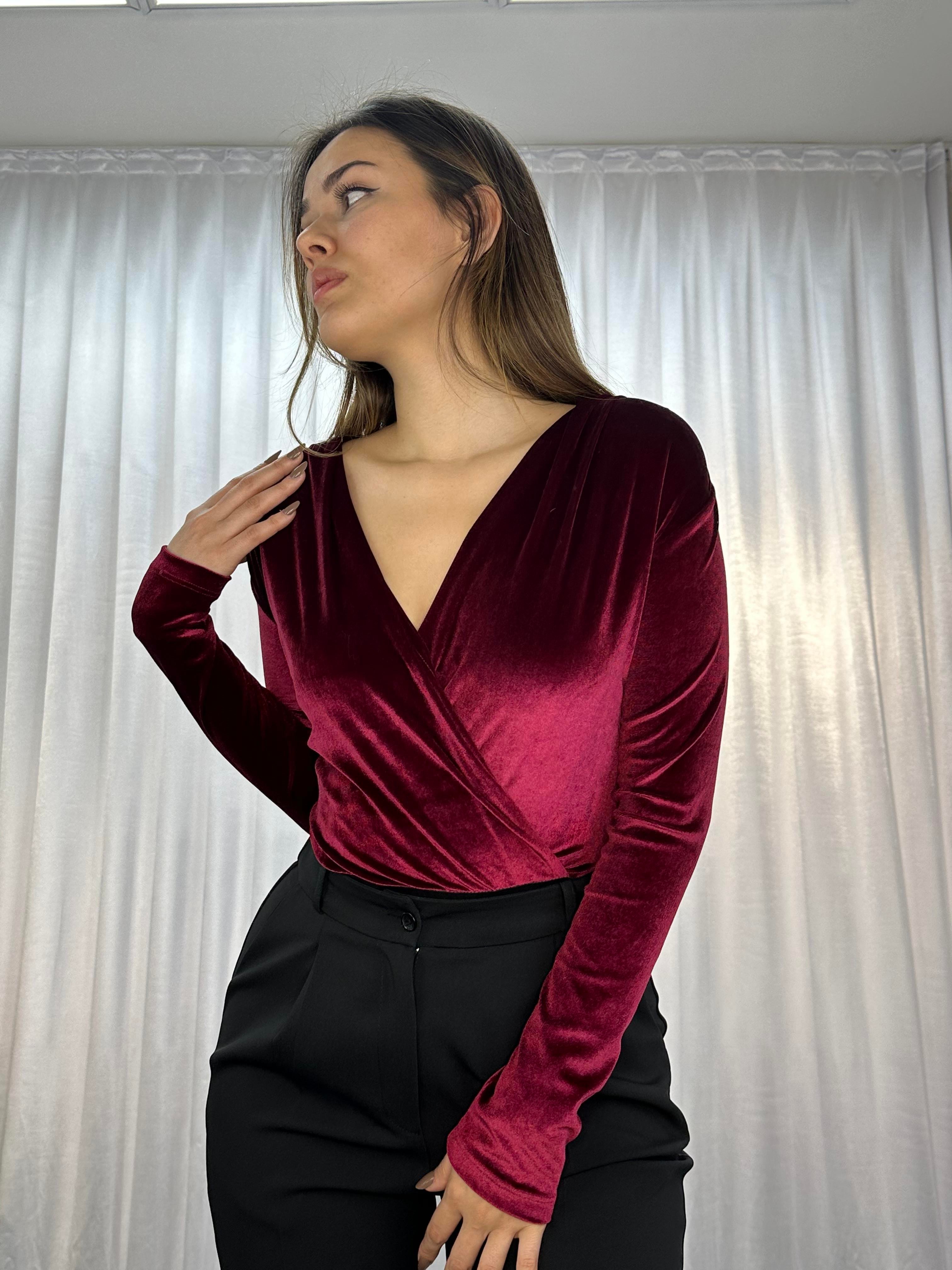 Kadife Zıbınlı Bluz Bordo-Paris