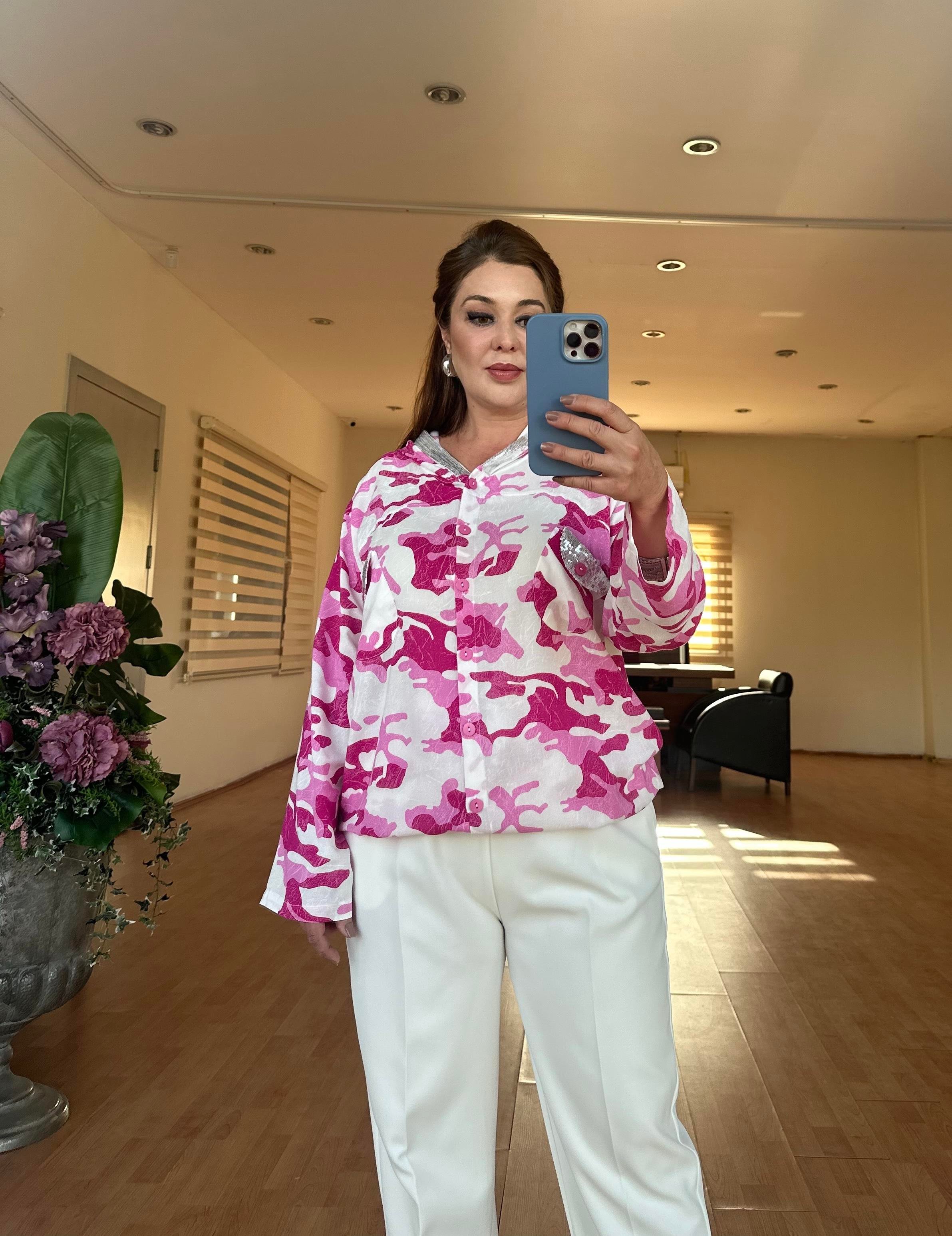 Kamuflaj Kapüşonlu Gömlek Pembe-Ekru Desenli