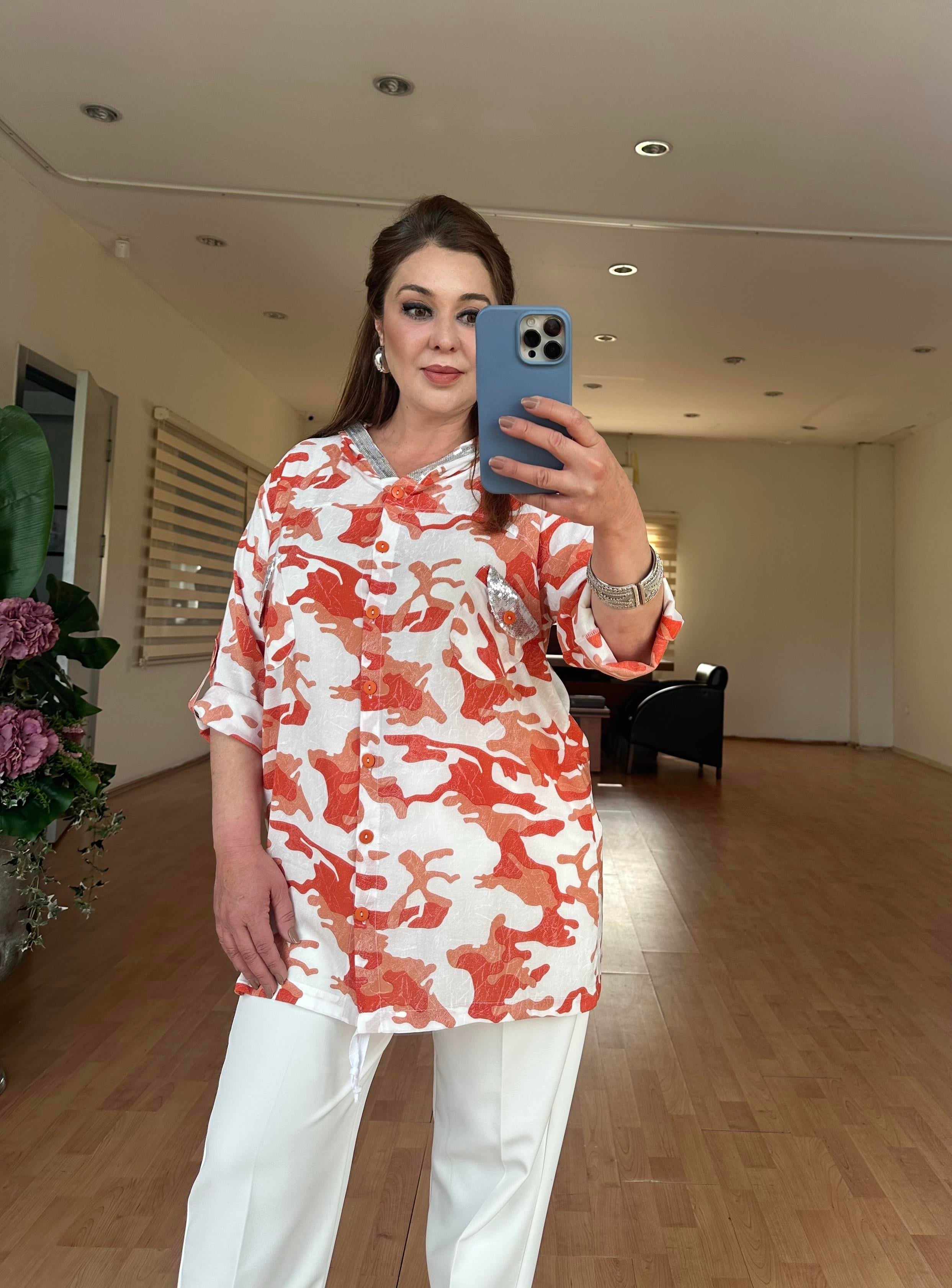 Kamuflaj Kapüşonlu Gömlek - Turuncu-Ekru Desenli