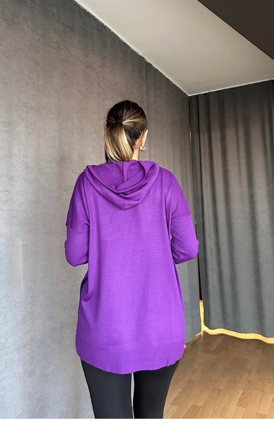 Kapüşonlu Cepli Triko Kazak Eflatun