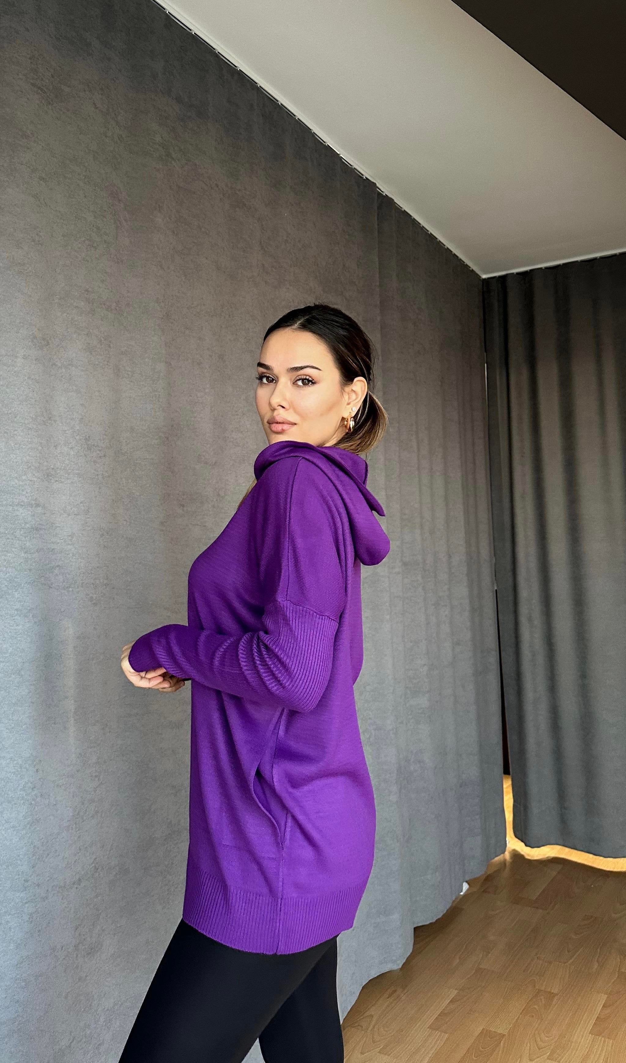 Kapüşonlu Cepli Triko Kazak Eflatun