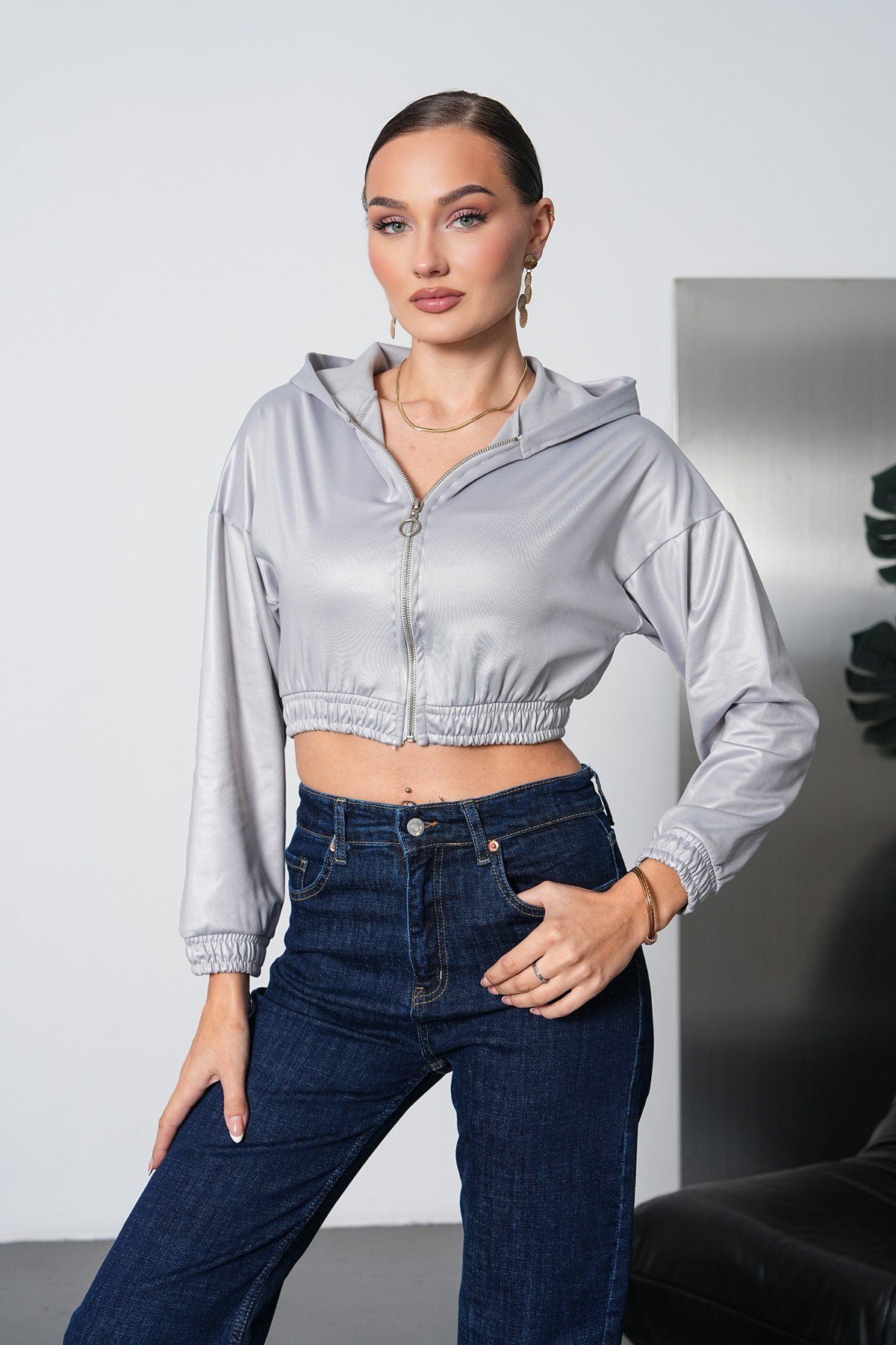 Kapüşonlu Crop Ceket