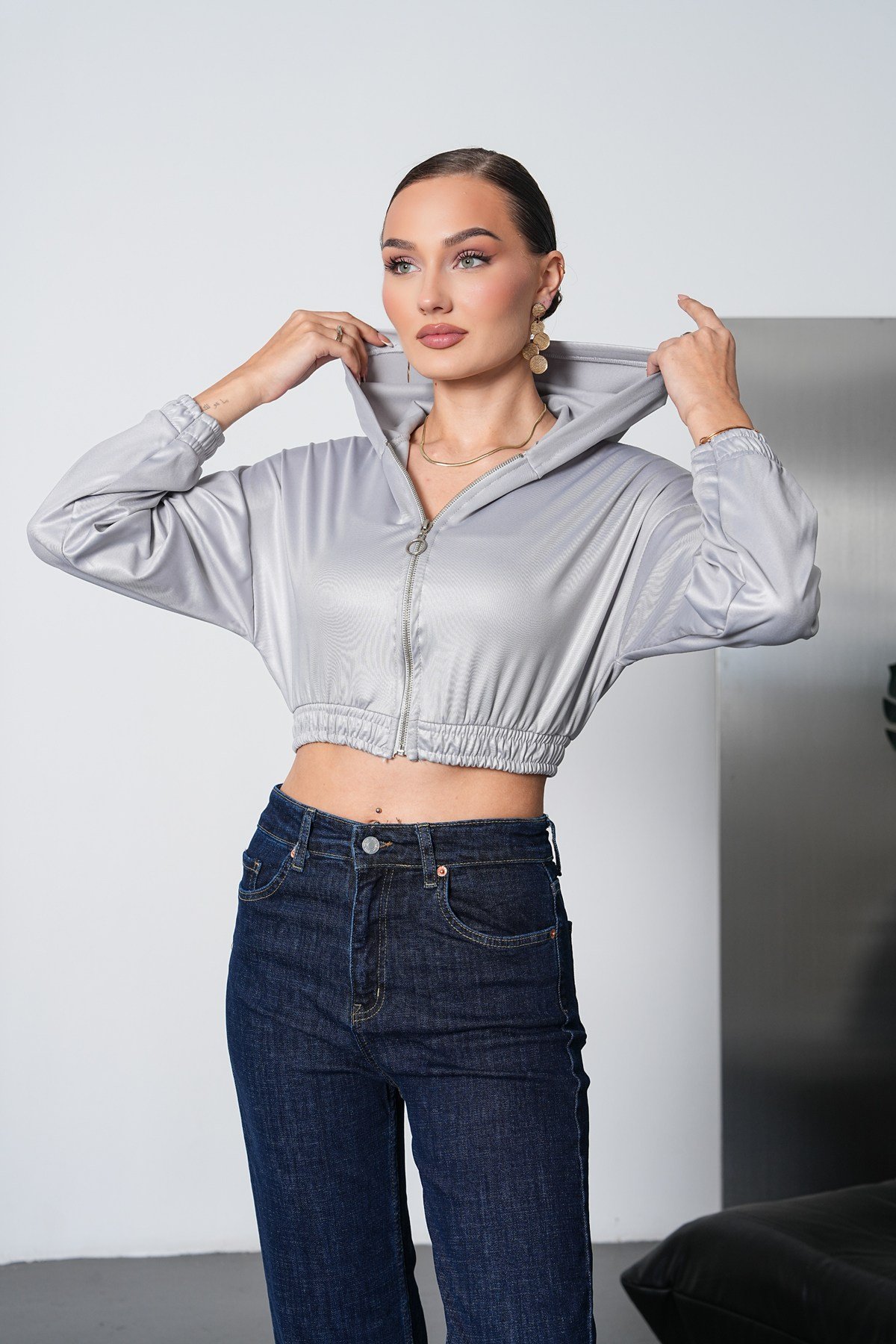 Kapüşonlu Crop Ceket