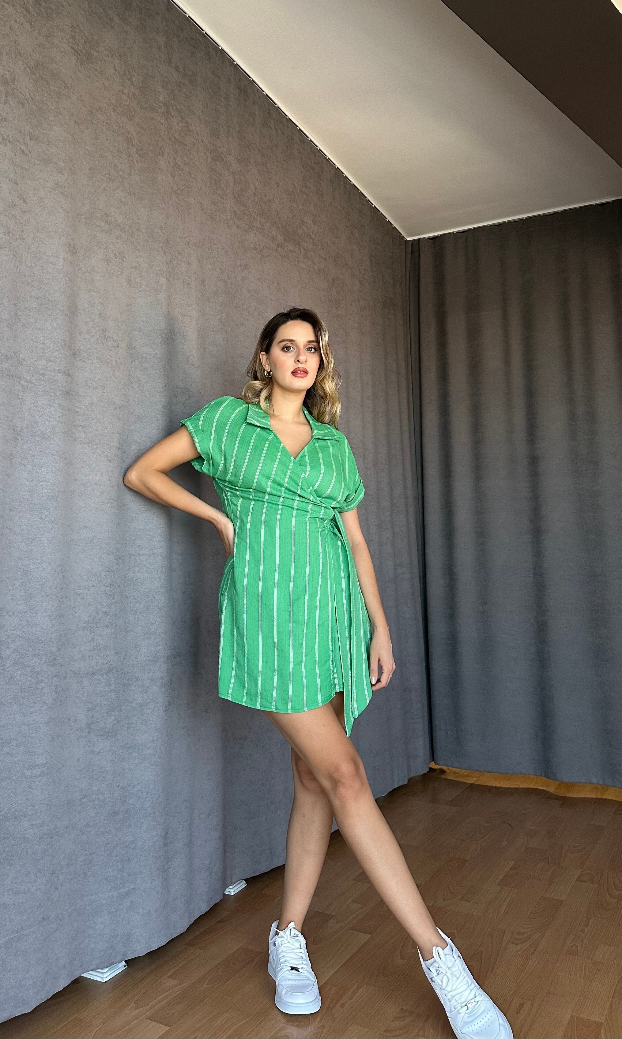 Keten Çizgili Şort Elbise Yeşil