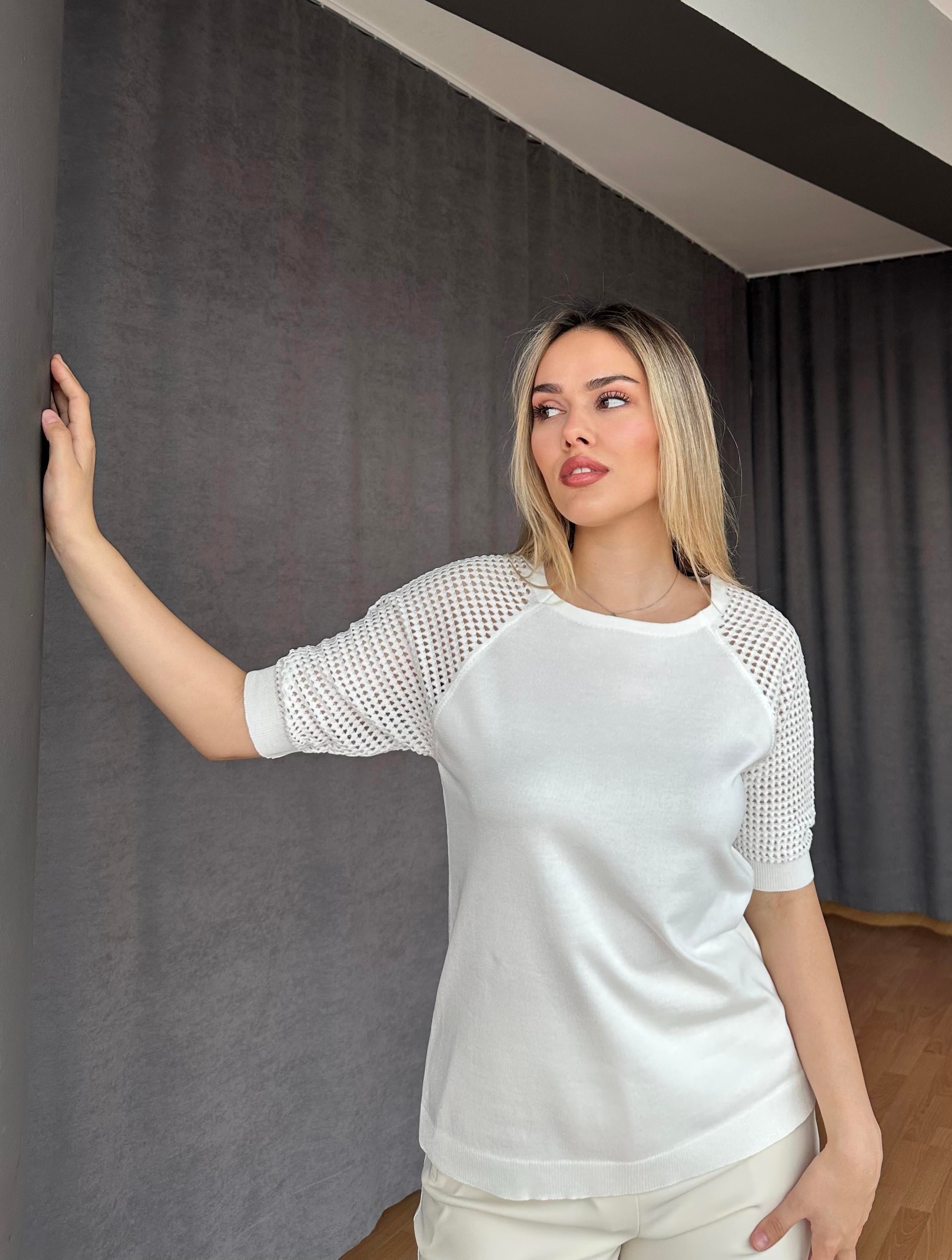 Kolları Ajurlu Basic Merserize - Beyaz 