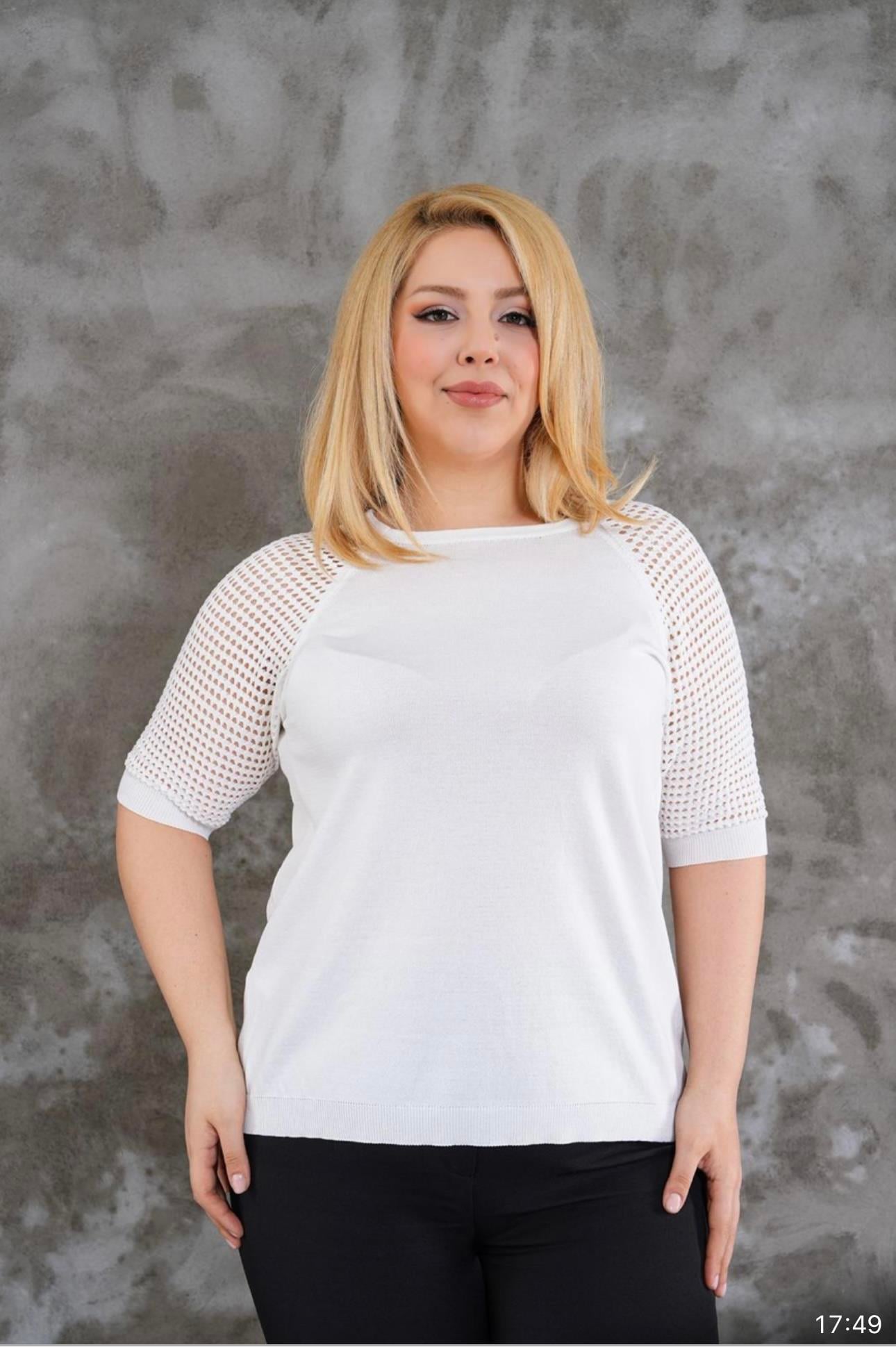 Kolları Ajurlu Basic Merserze-Oversize-Beyaz