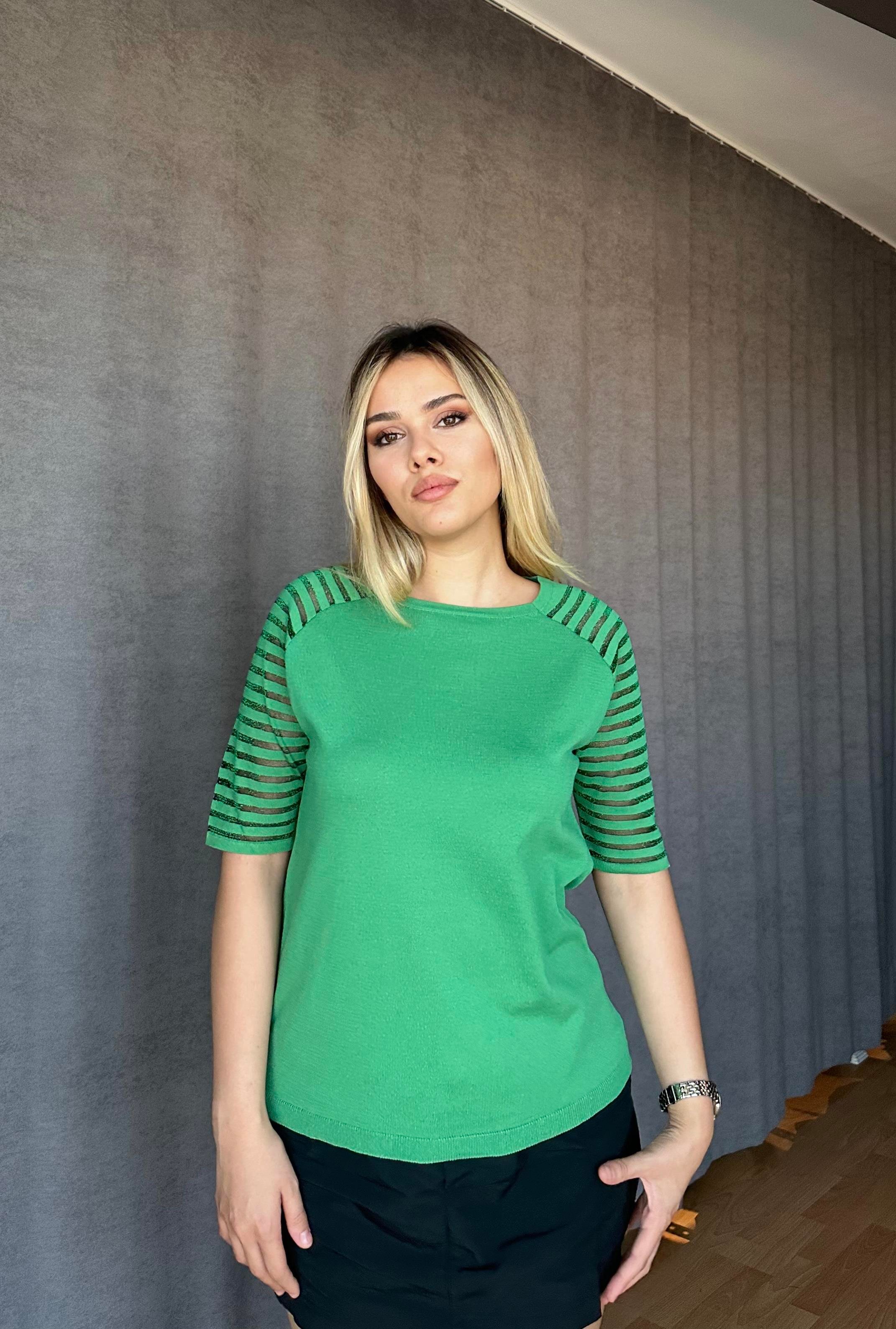 Kolu Tül Detaylı Kısa Kollu  Merserize-Yeşil