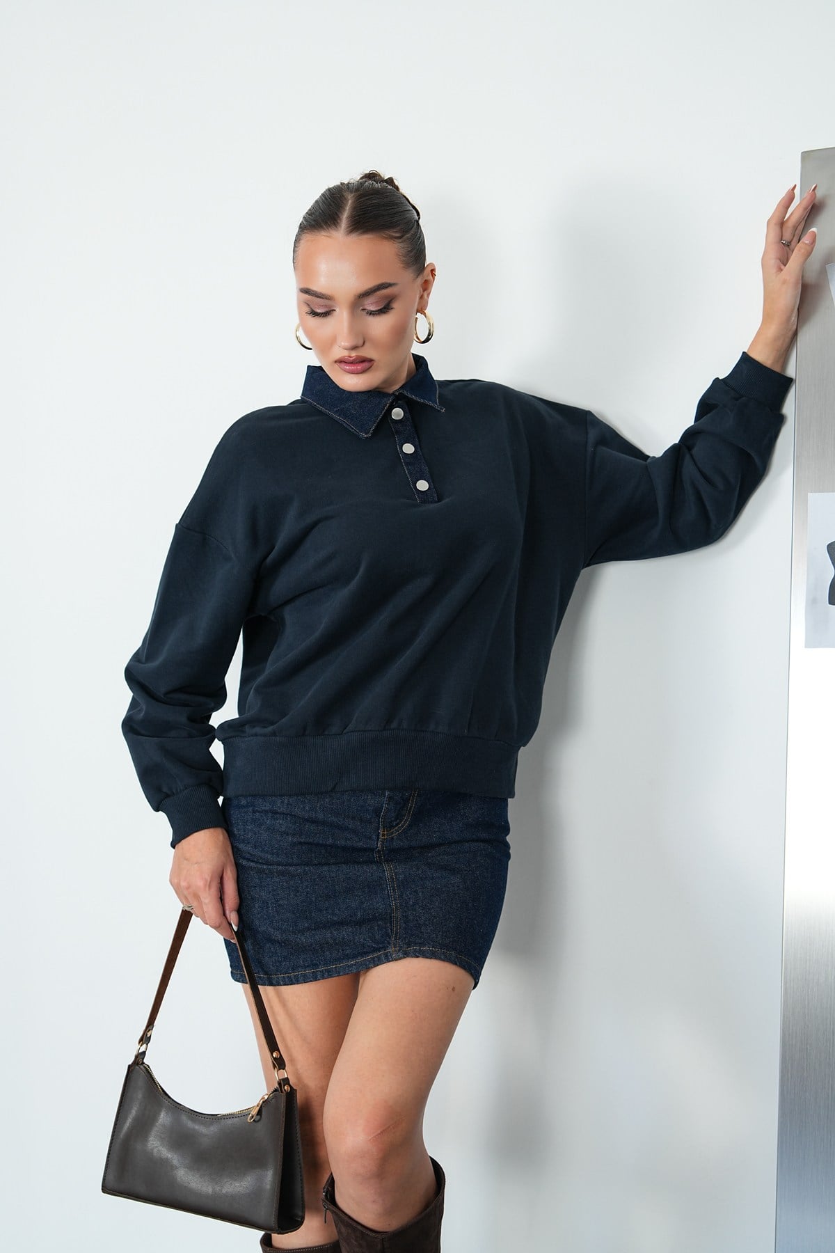 Kot Yakalı Çıtçıtlı Sweat