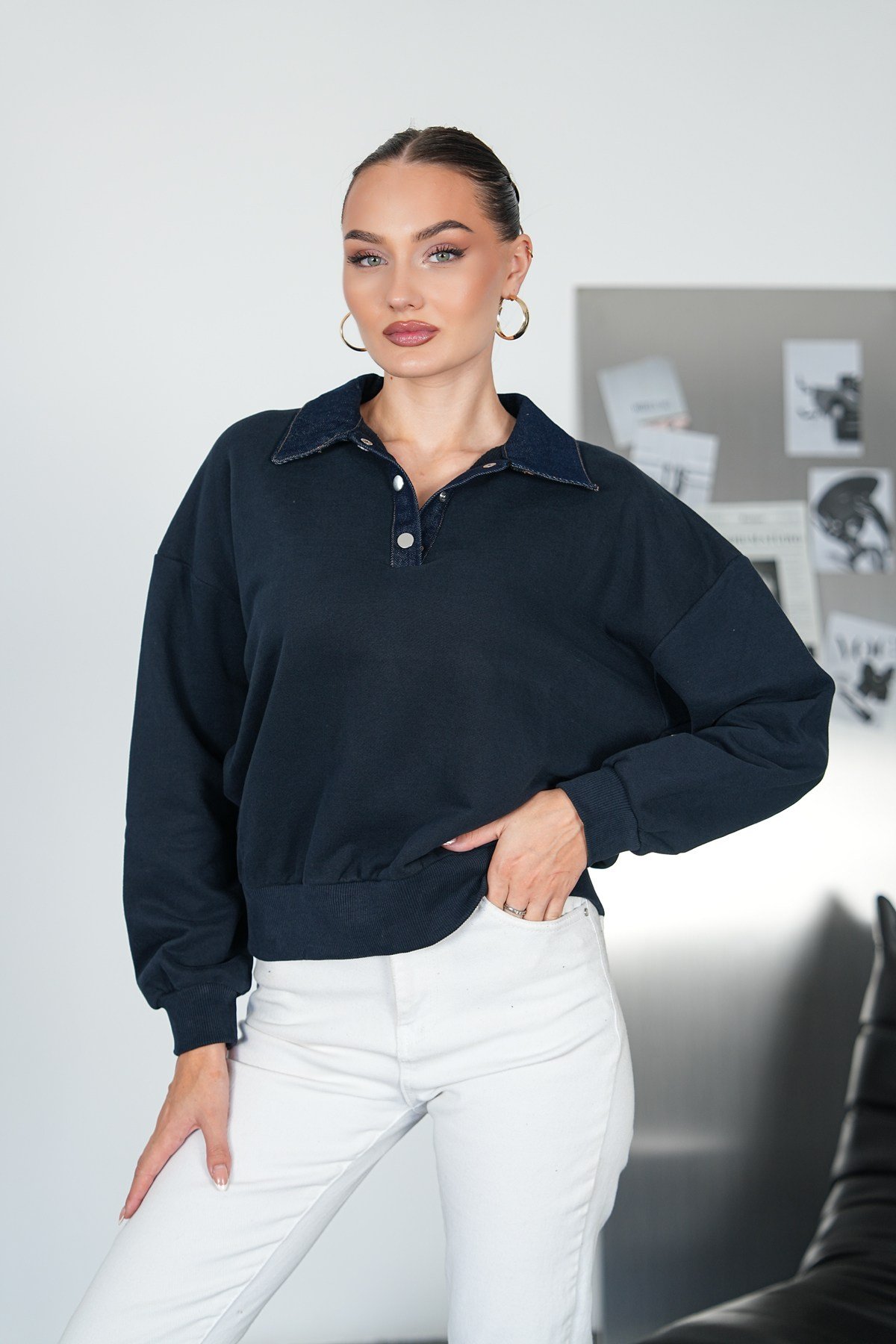 Kot Yakalı Çıtçıtlı Sweat