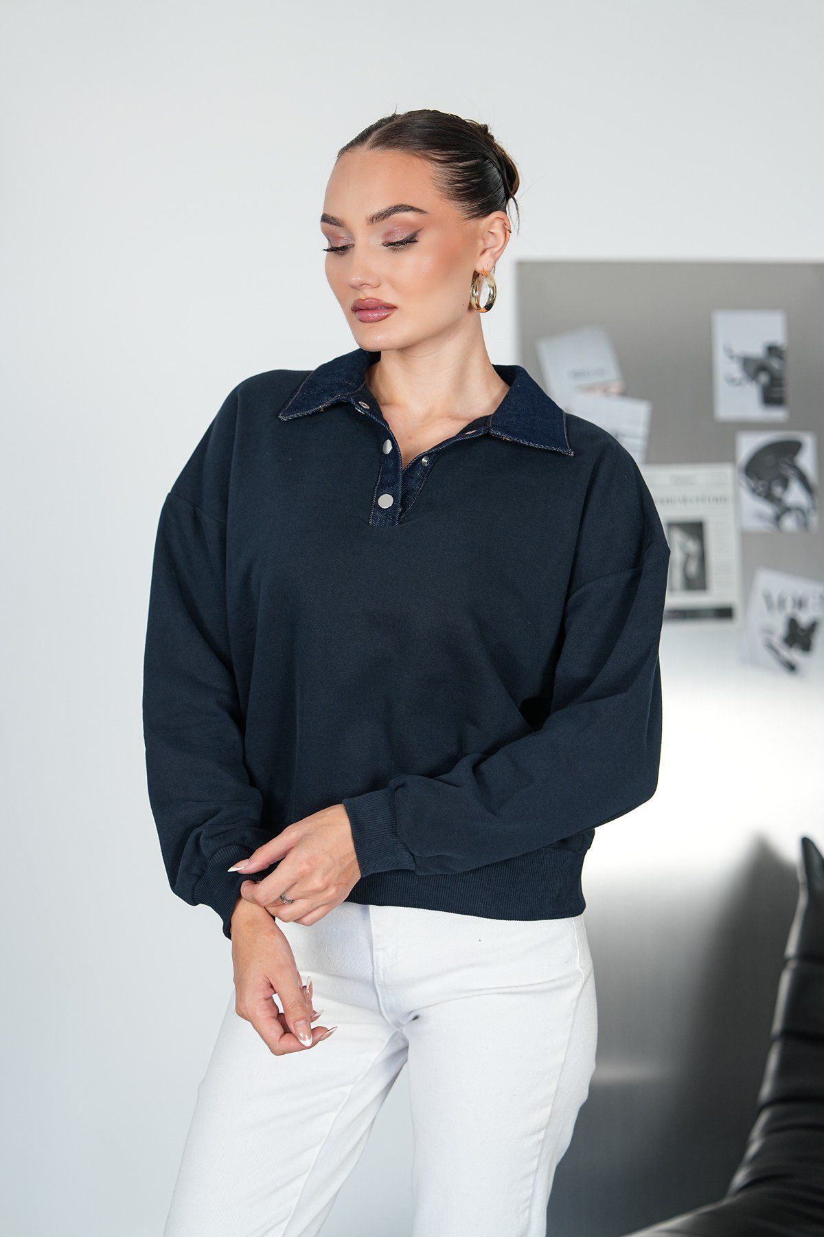 Kot Yakalı Çıtçıtlı Sweat