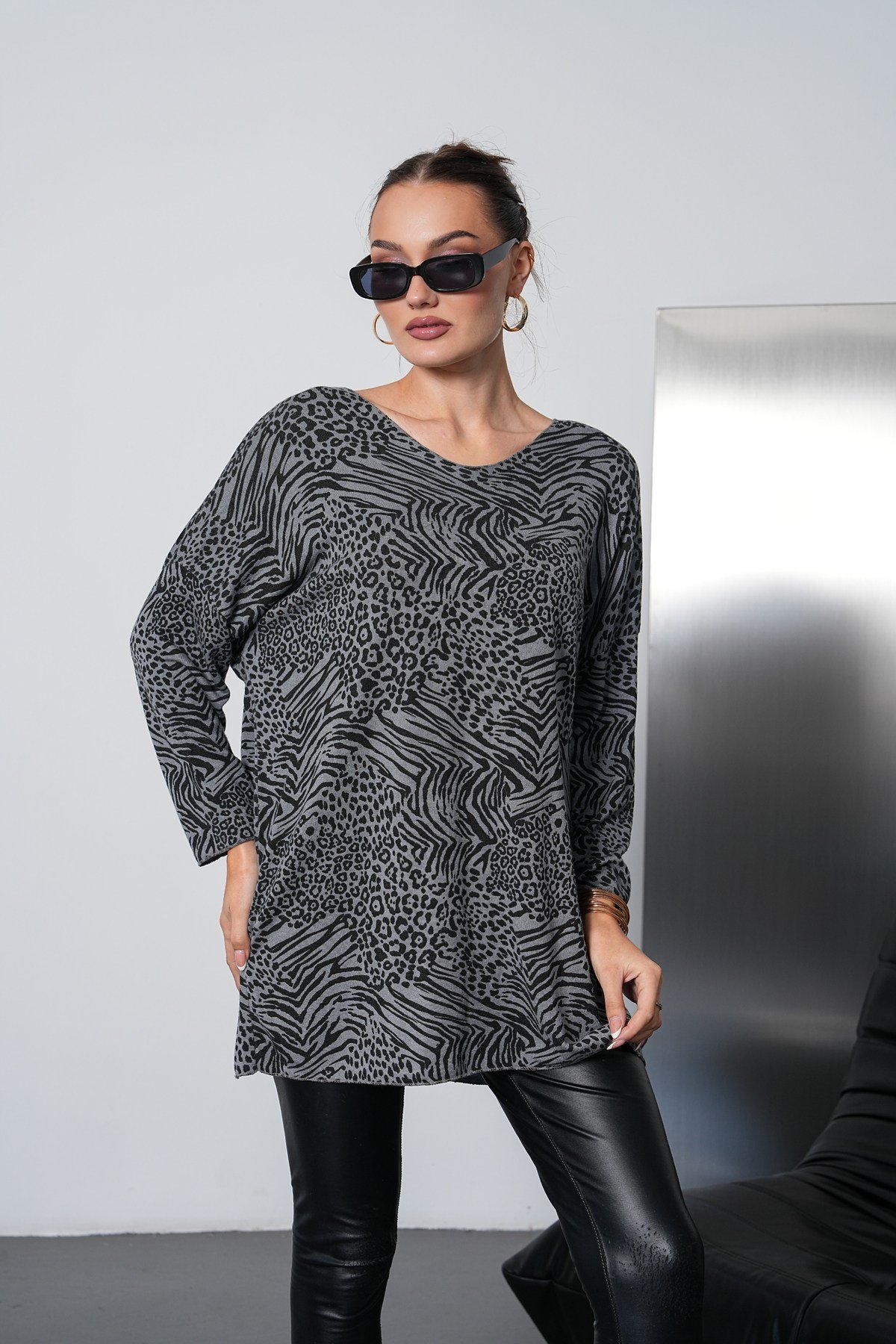 Leopar Desenli İthal Oversize Triko