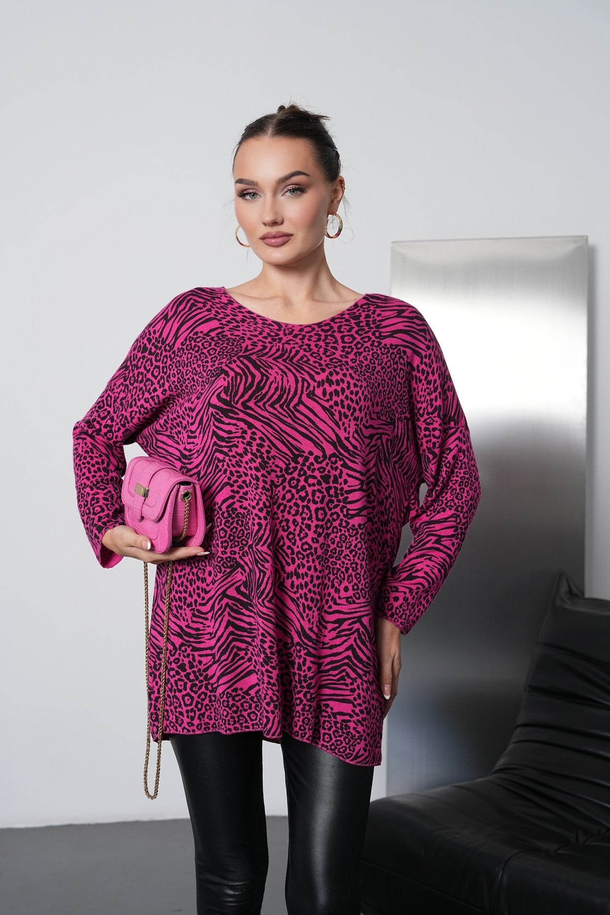 Leopar Desenli İthal Oversize Triko