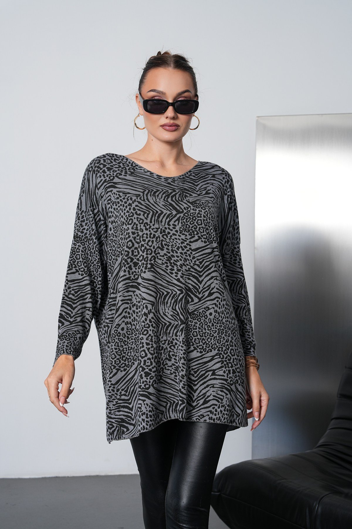 Leopar Desenli İthal Oversize Triko
