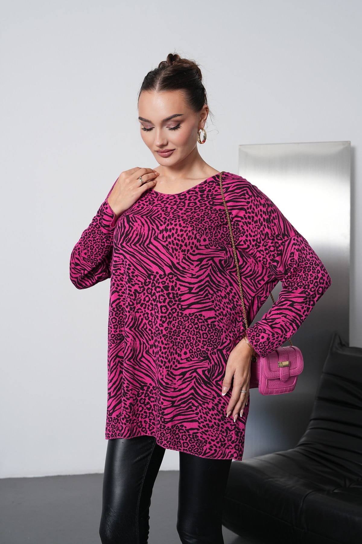 Leopar Desenli İthal Oversize Triko