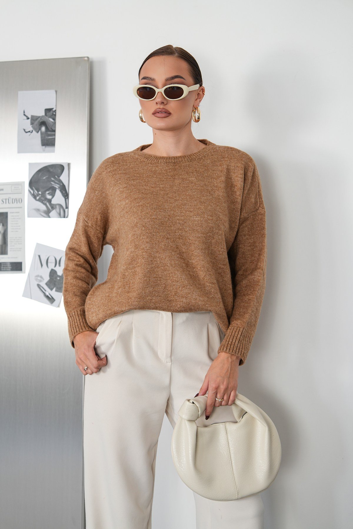 Lüx Kalite Oversize Basic Yumoş Kazak-Camel