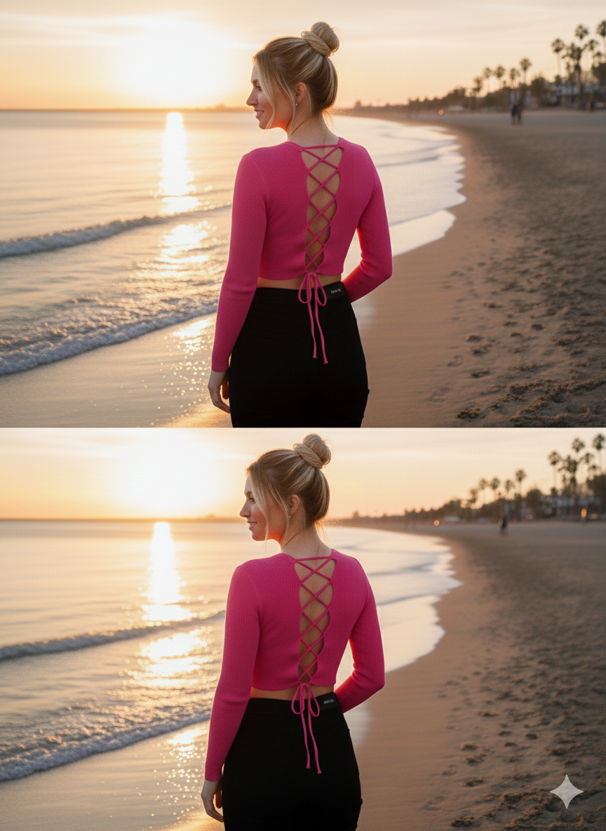 Lüx Kalite Sırt Dekolteli Triko Crop-Pembe
