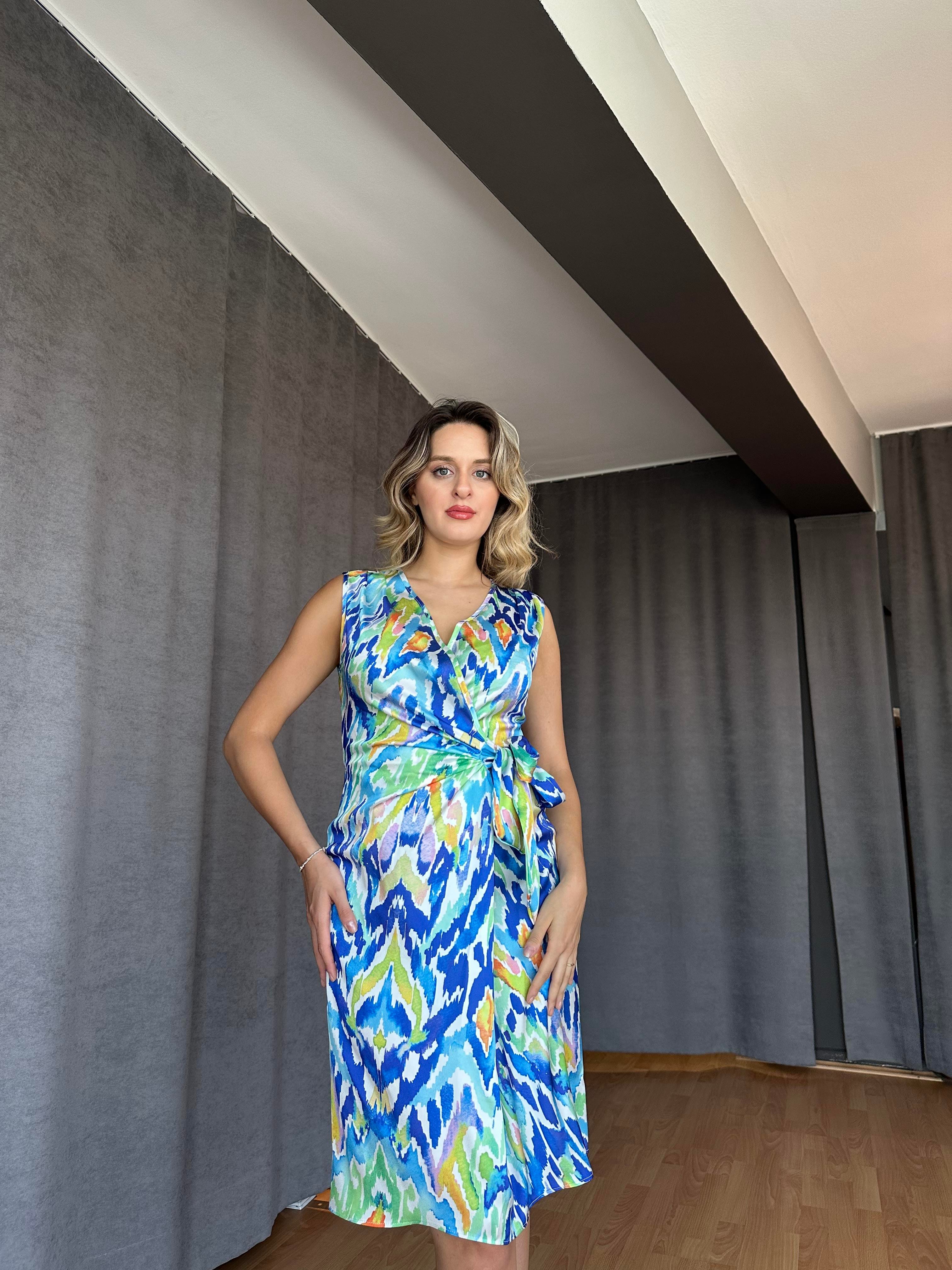 Mavi Yeşil Saten Elbise-Bodrum