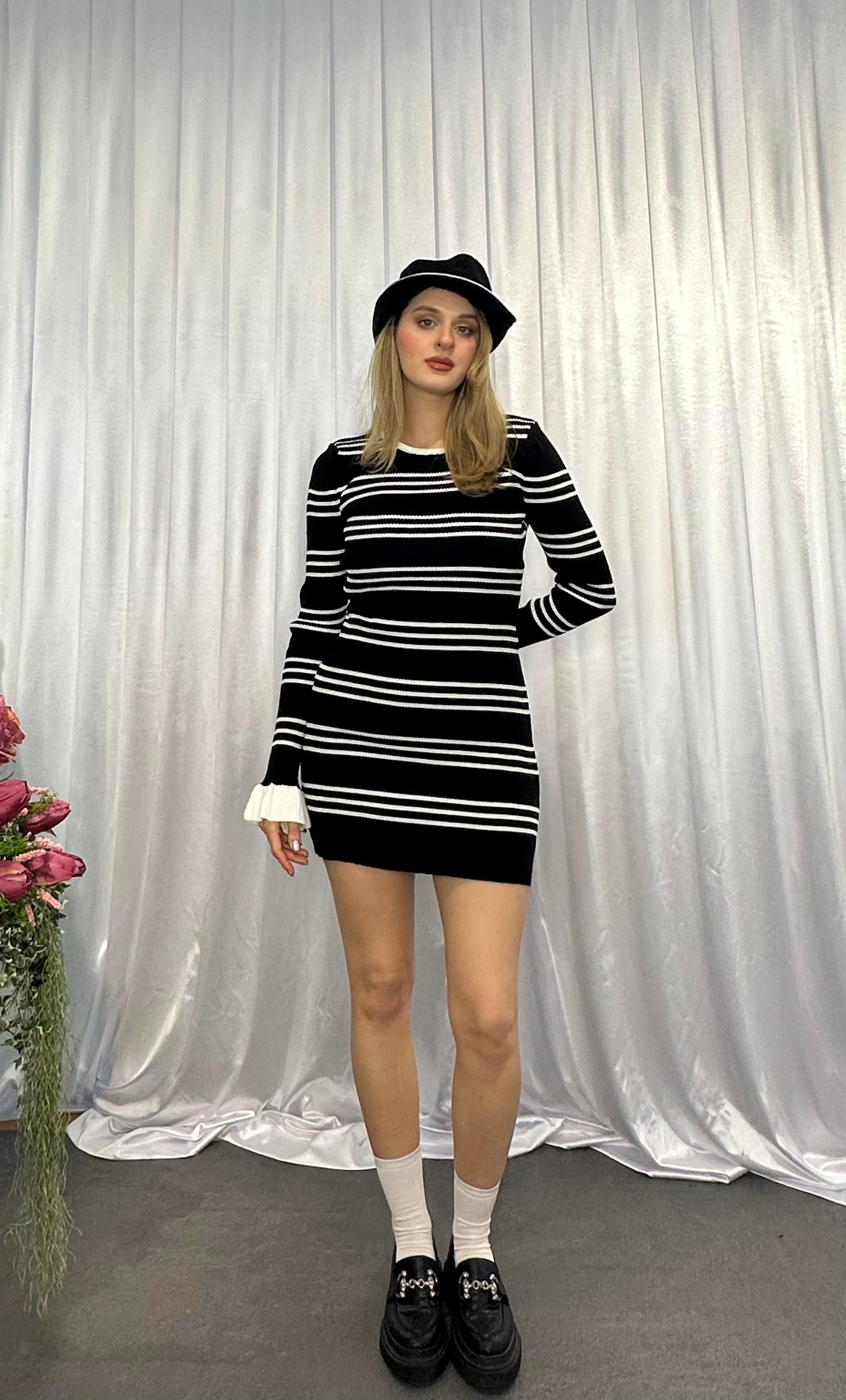 Mini Çizgili Triko Elbise-İsveç