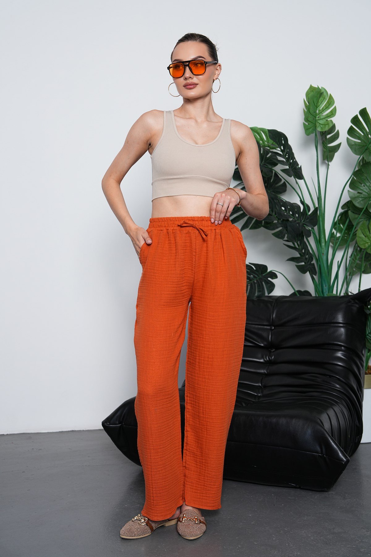 Müslim Organik Kumaş  Pantalon-Turuncu