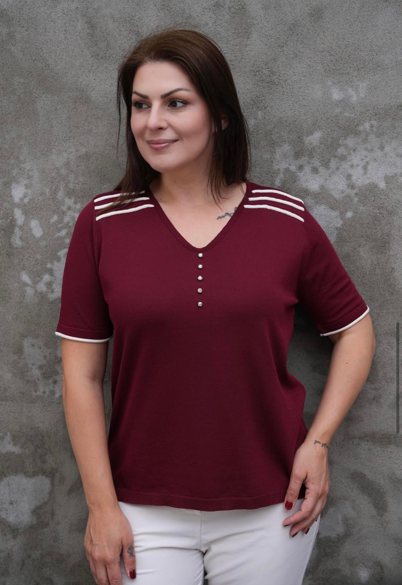 Omzu Şerit V Yaka Taş Detaylı Triko Bluz-Bordo
