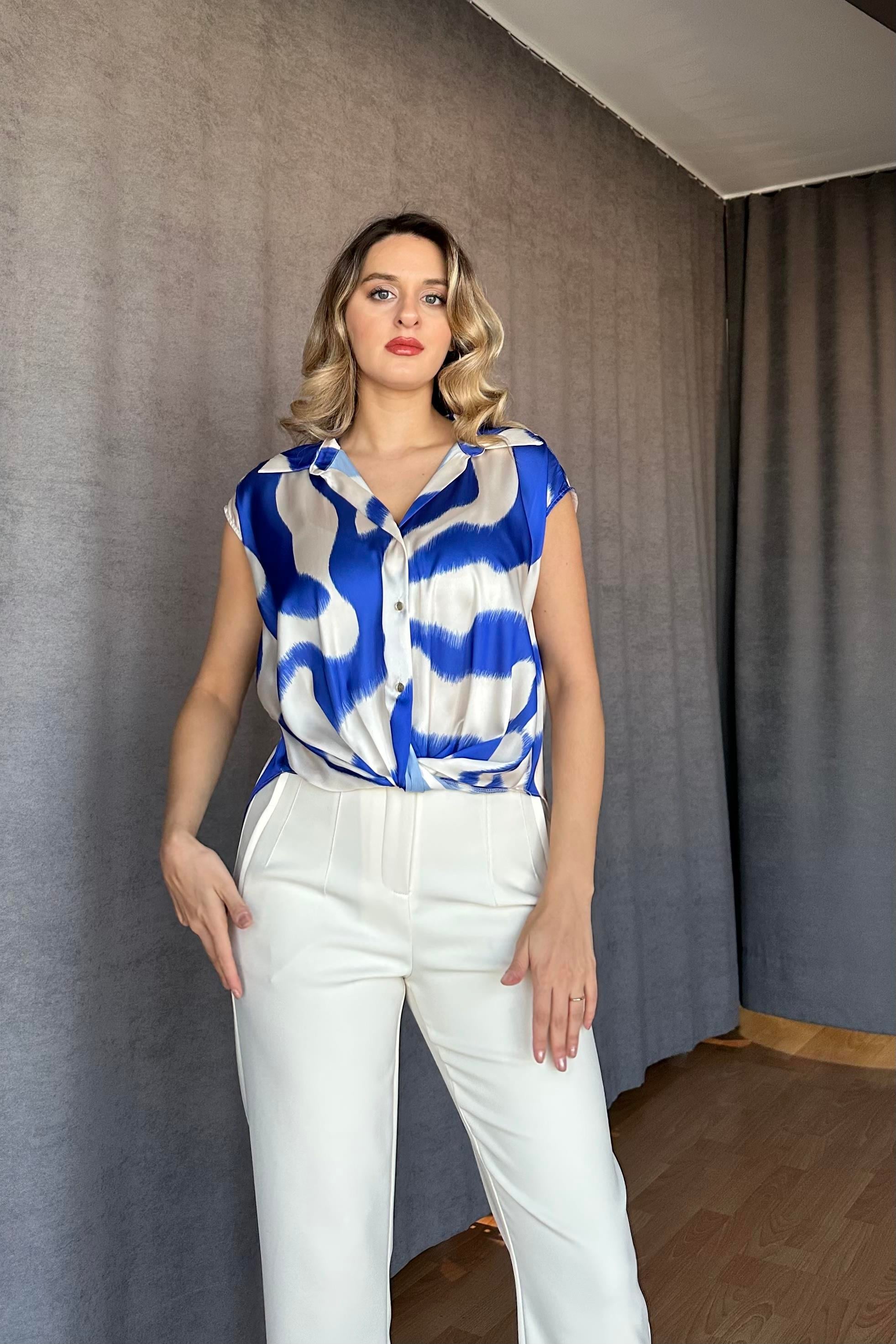 Önü Düğüm Modeli Saten Bluz Ekru Mavi-İstanbul