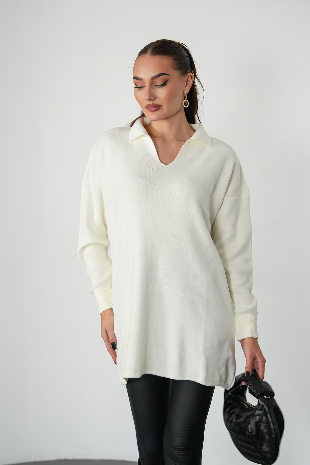 Oversize Polo Yaka Triko Kazak-Ekru
