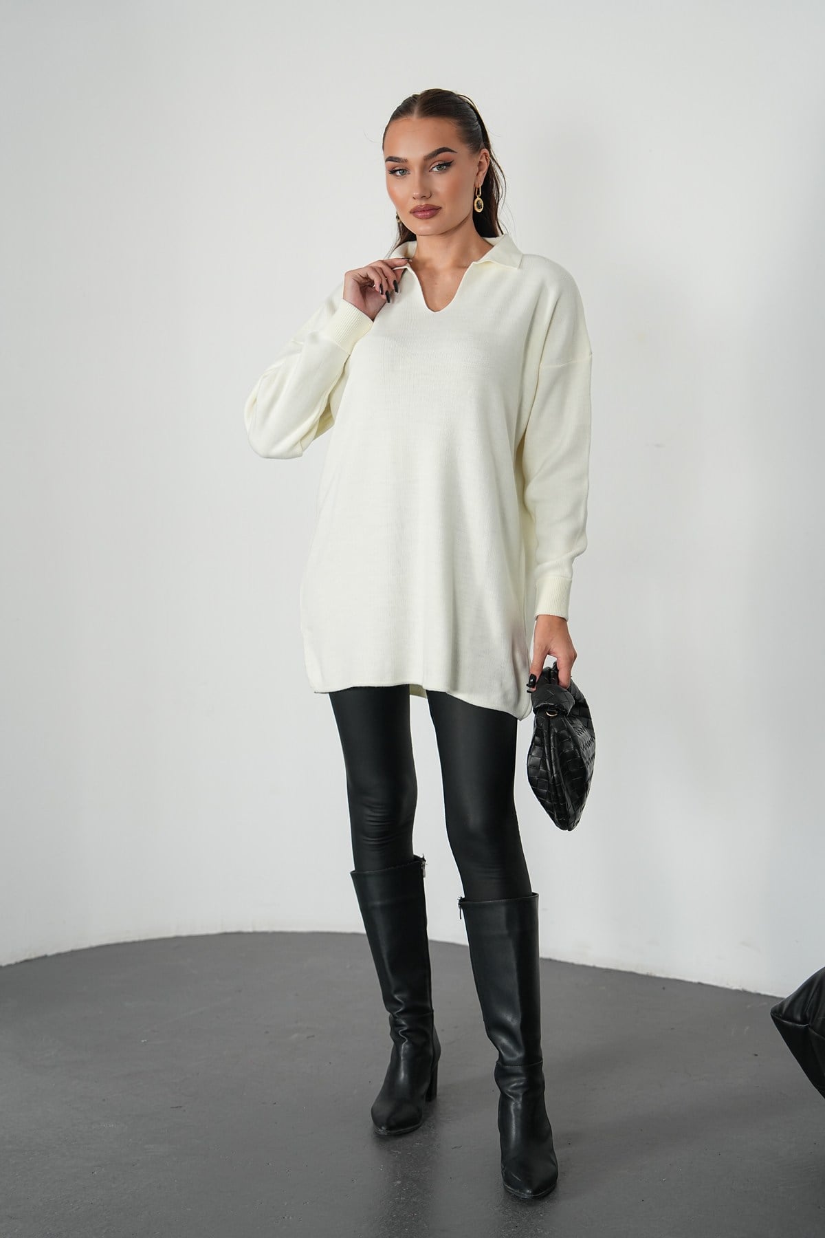 Oversize Polo Yaka Triko Kazak-Ekru