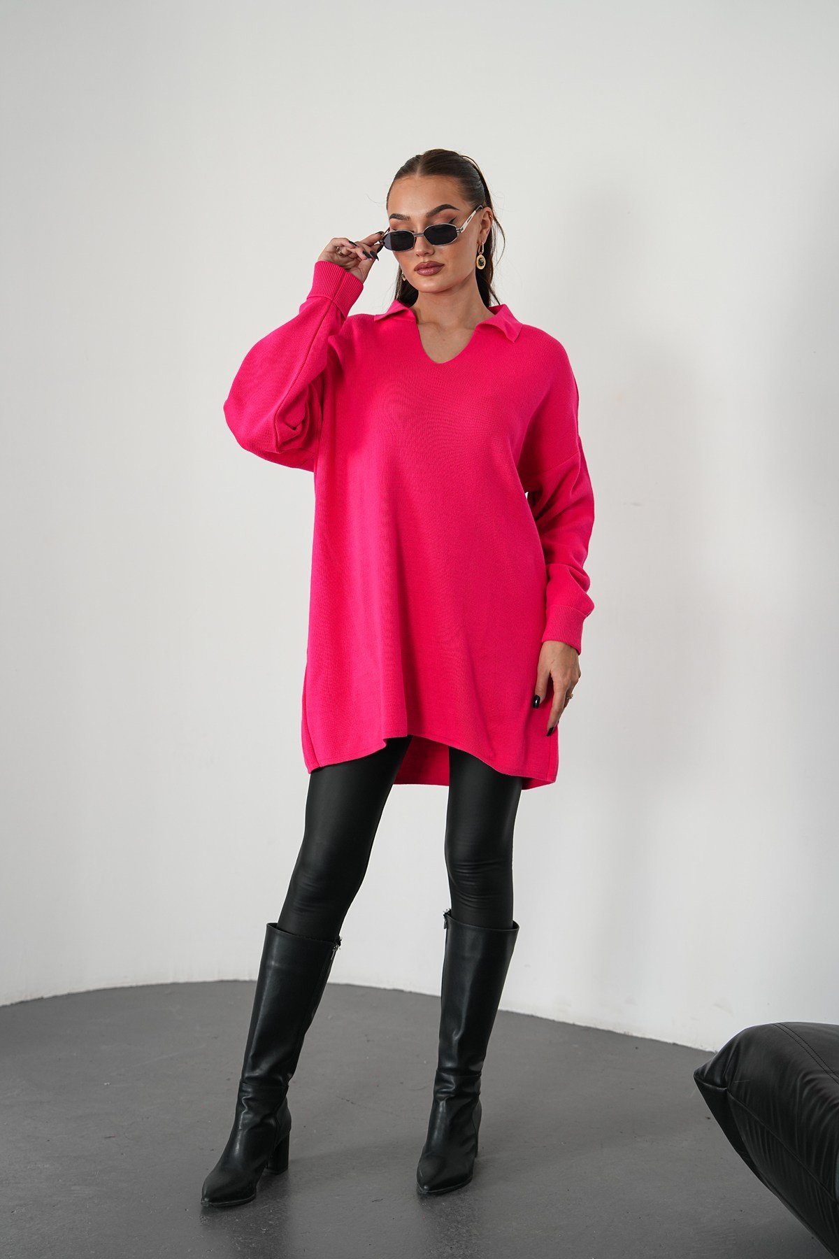 Oversize Polo Yaka Triko Kazak-Pembe