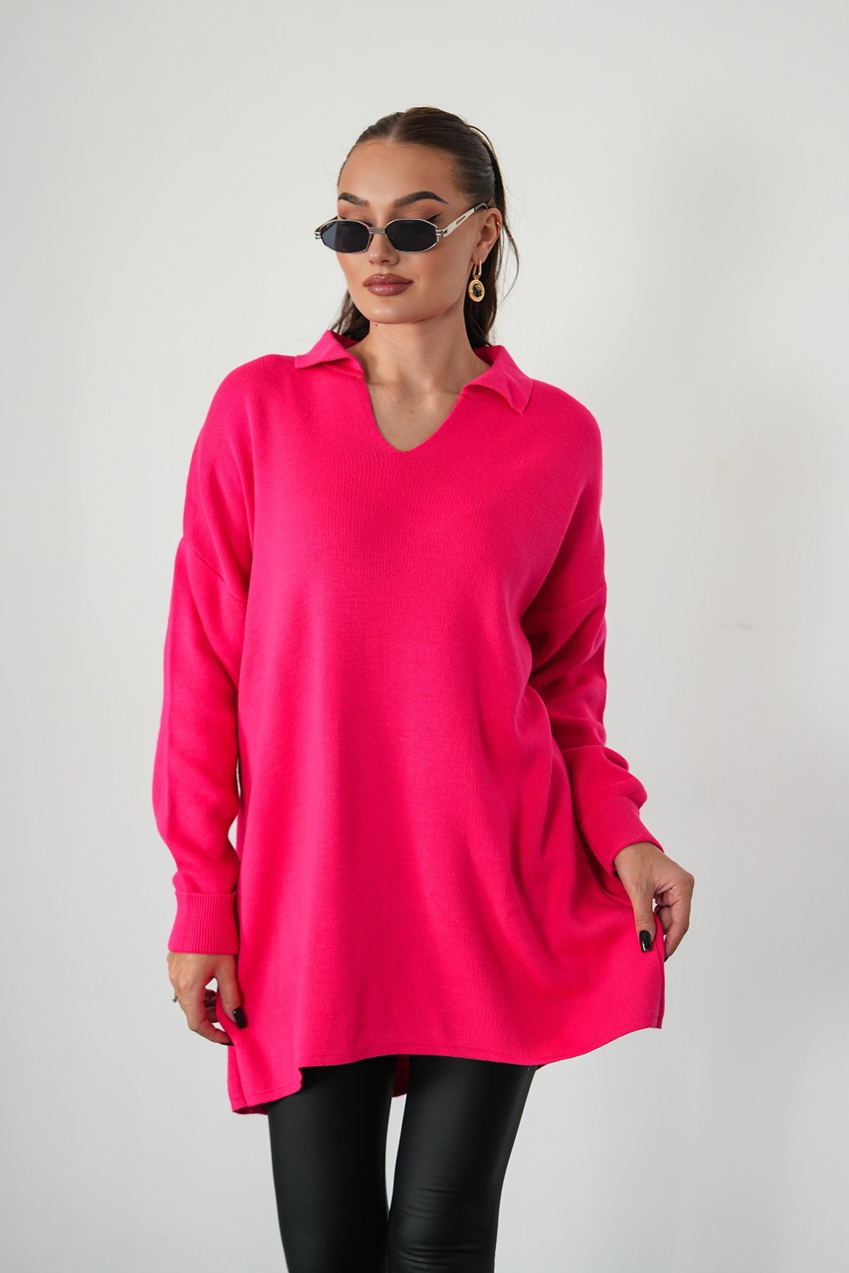 Oversize Polo Yaka Triko Kazak-Pembe