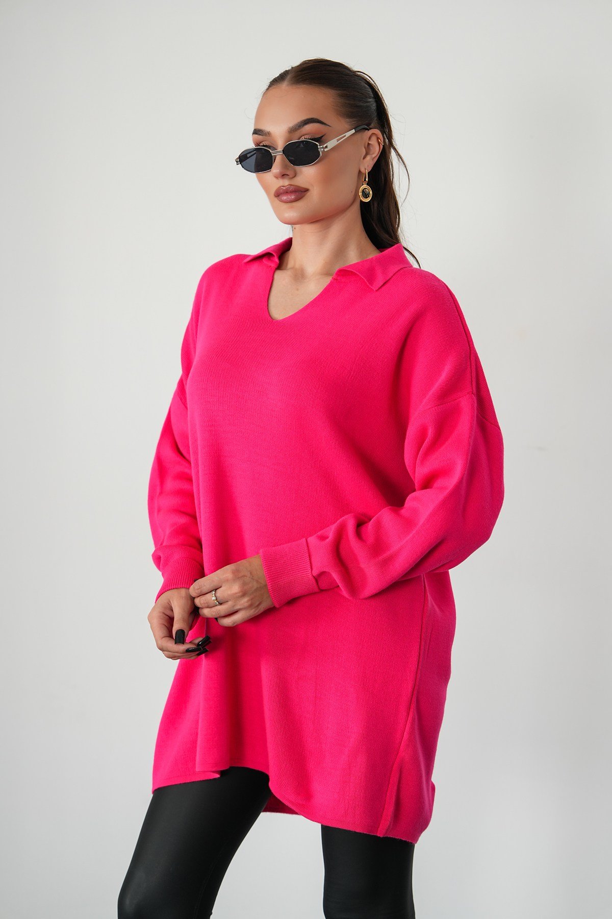 Oversize Polo Yaka Triko Kazak-Pembe