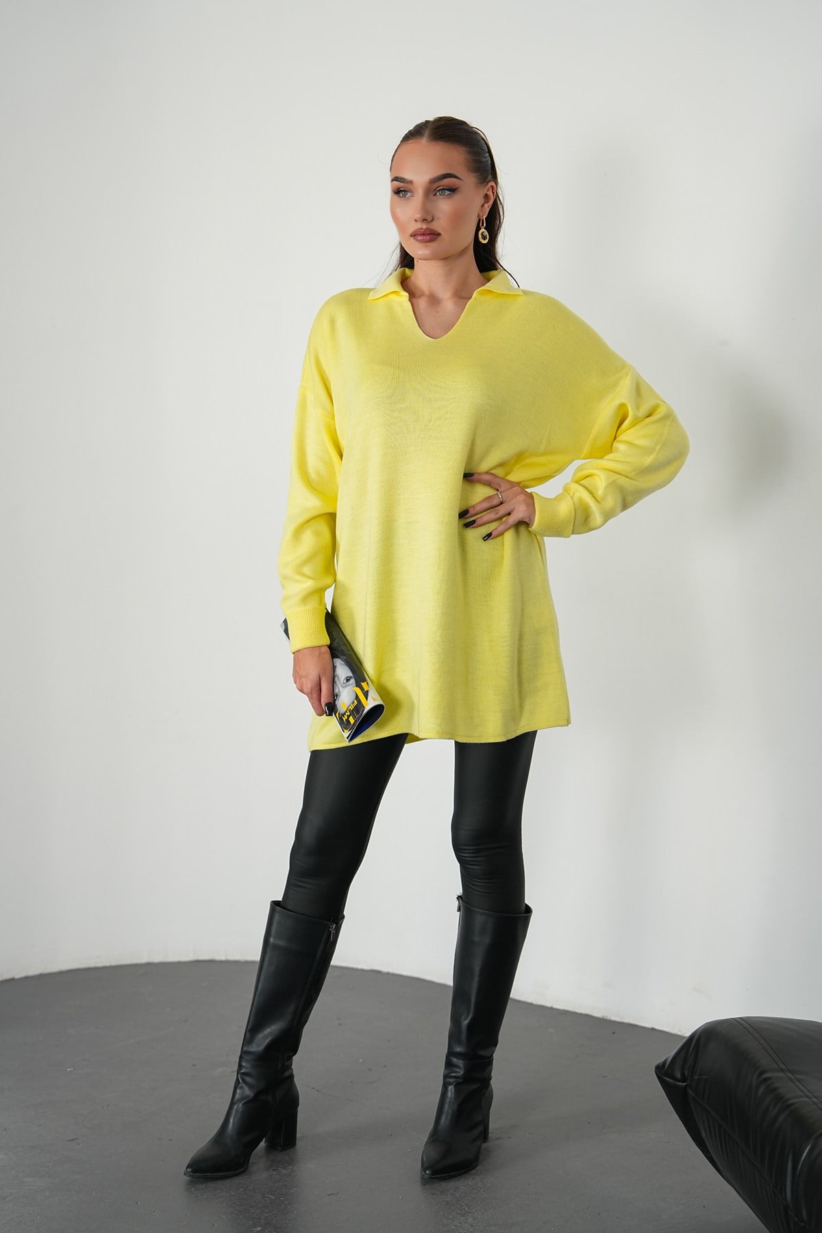 Oversize Polo Yaka Triko Kazak-Sarı