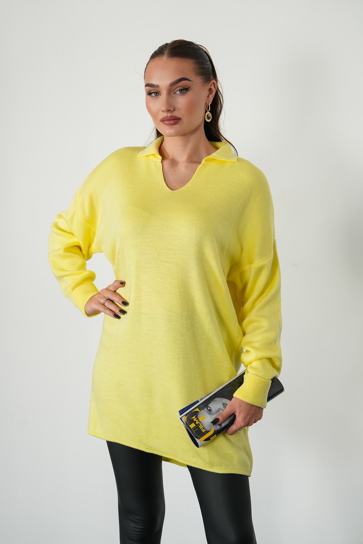 Oversize Polo Yaka Triko Kazak-Sarı